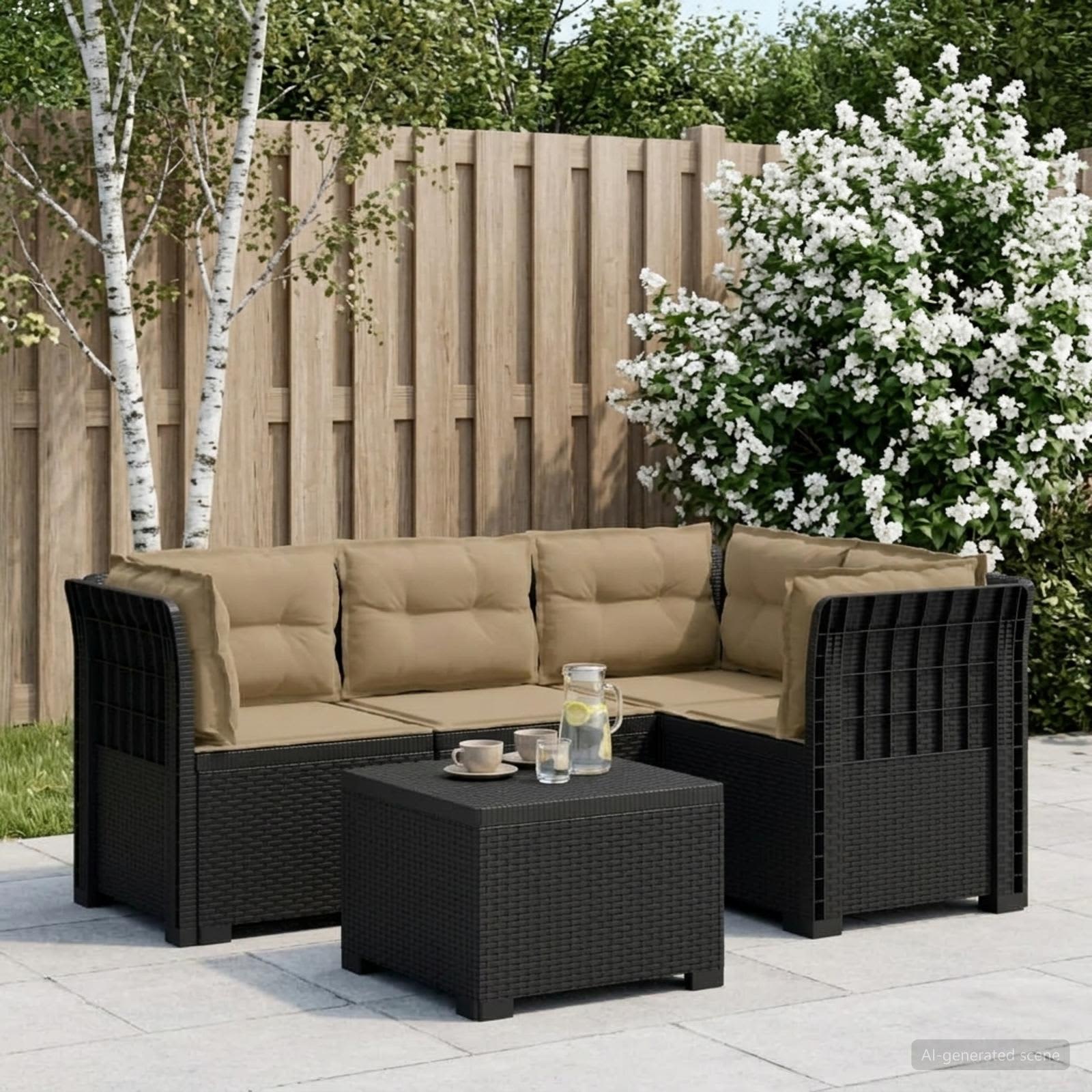 4-Persoons Tuinbank met Kussens Rieten Look PP Antraciet – afbeelding 1
