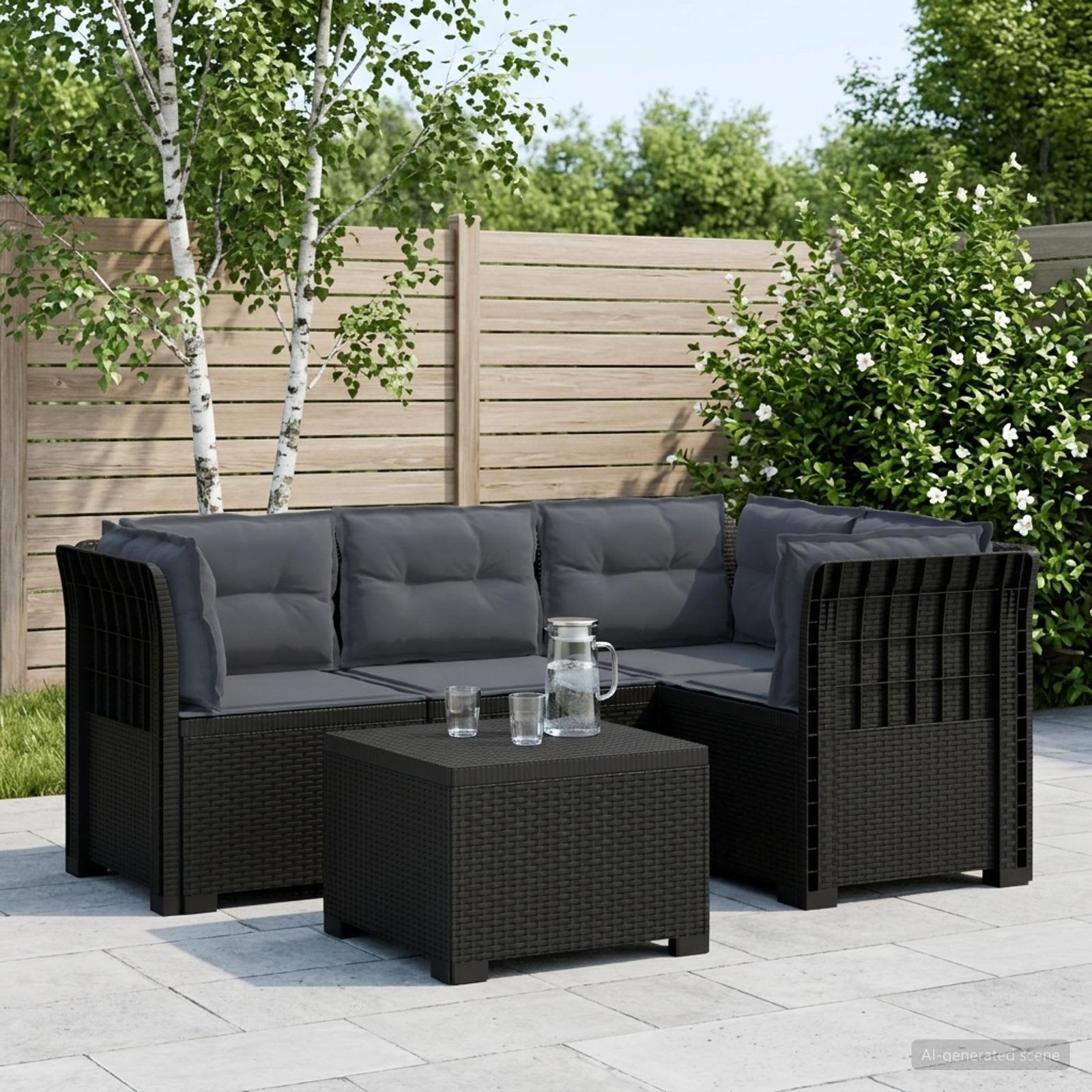 4-Persoons Tuinbank met Kussens Rieten Look PP Antraciet – afbeelding 1