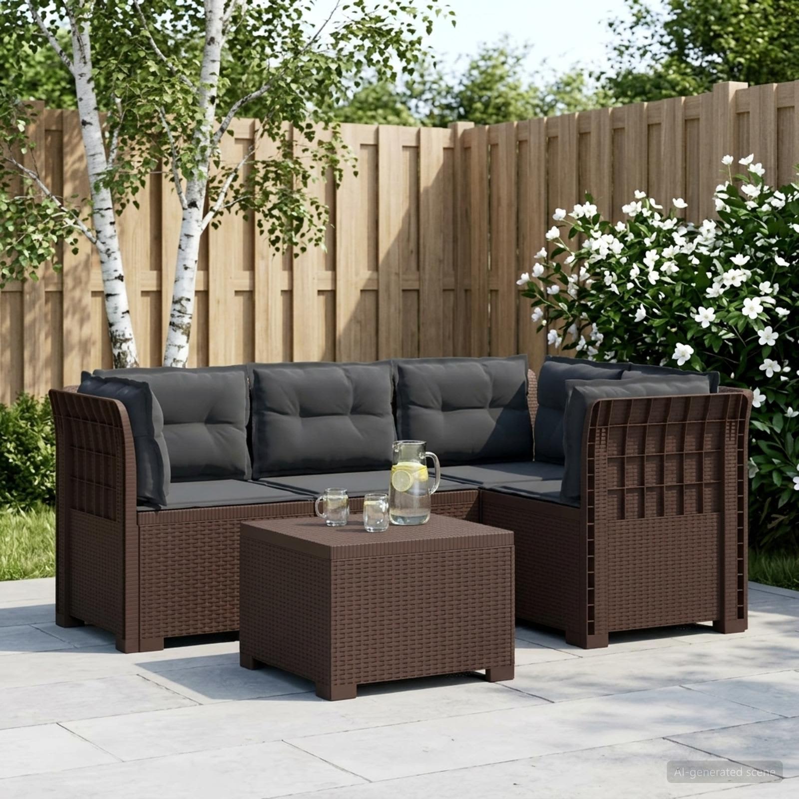 4-Persoons Tuinbank met Kussens Rieten Look PP Bruin – afbeelding 1