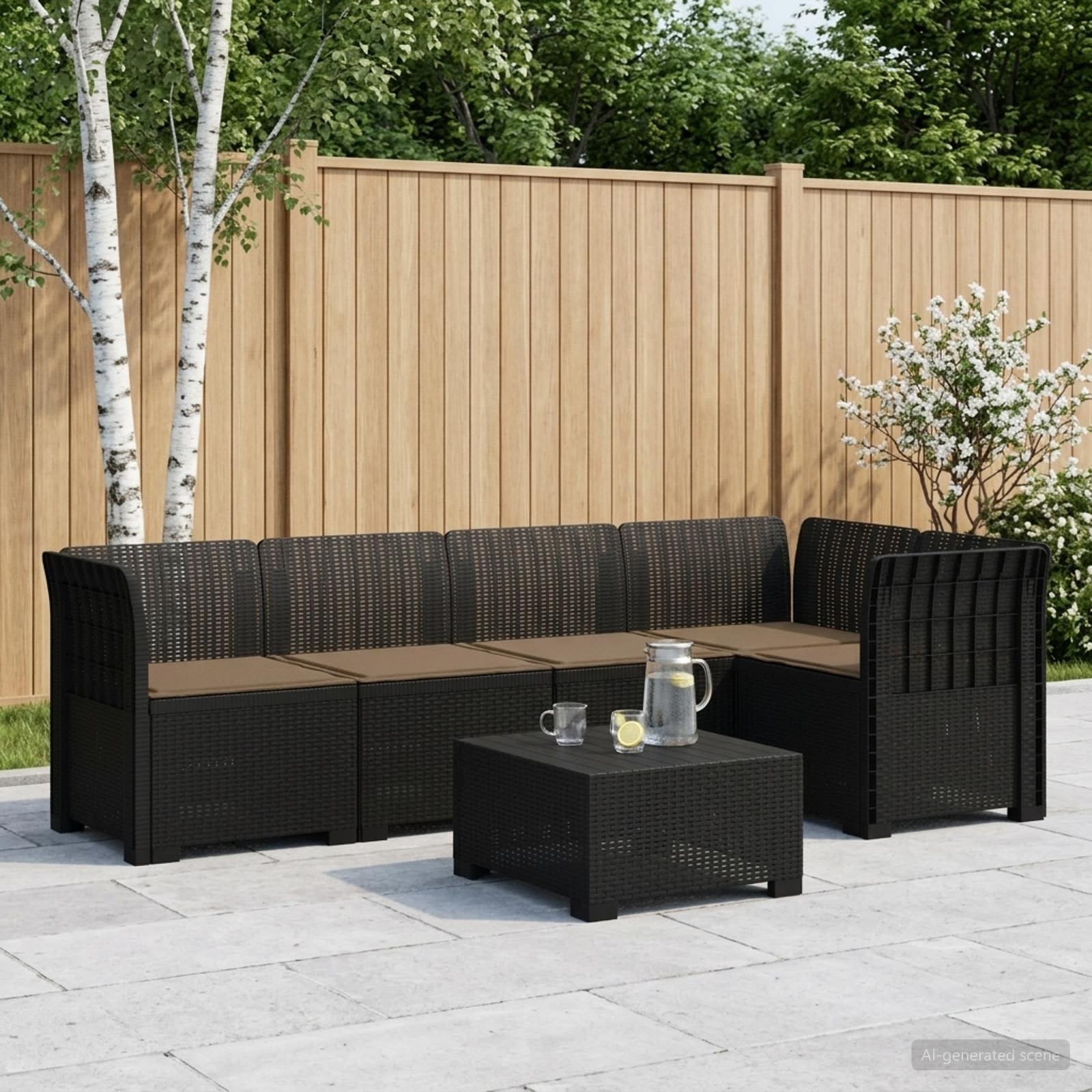 5-Zits Tuin Sofa met Kussens Rattan Look PP Antraciet – afbeelding 1