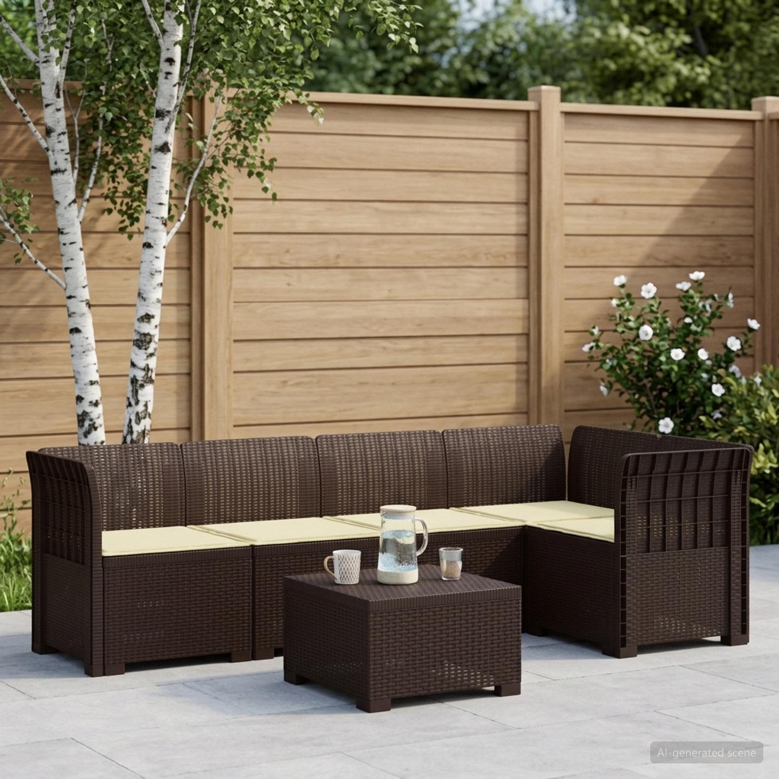 5-Zits Tuin Sofa met Kussens Rattan Look PP Bruin – afbeelding 1