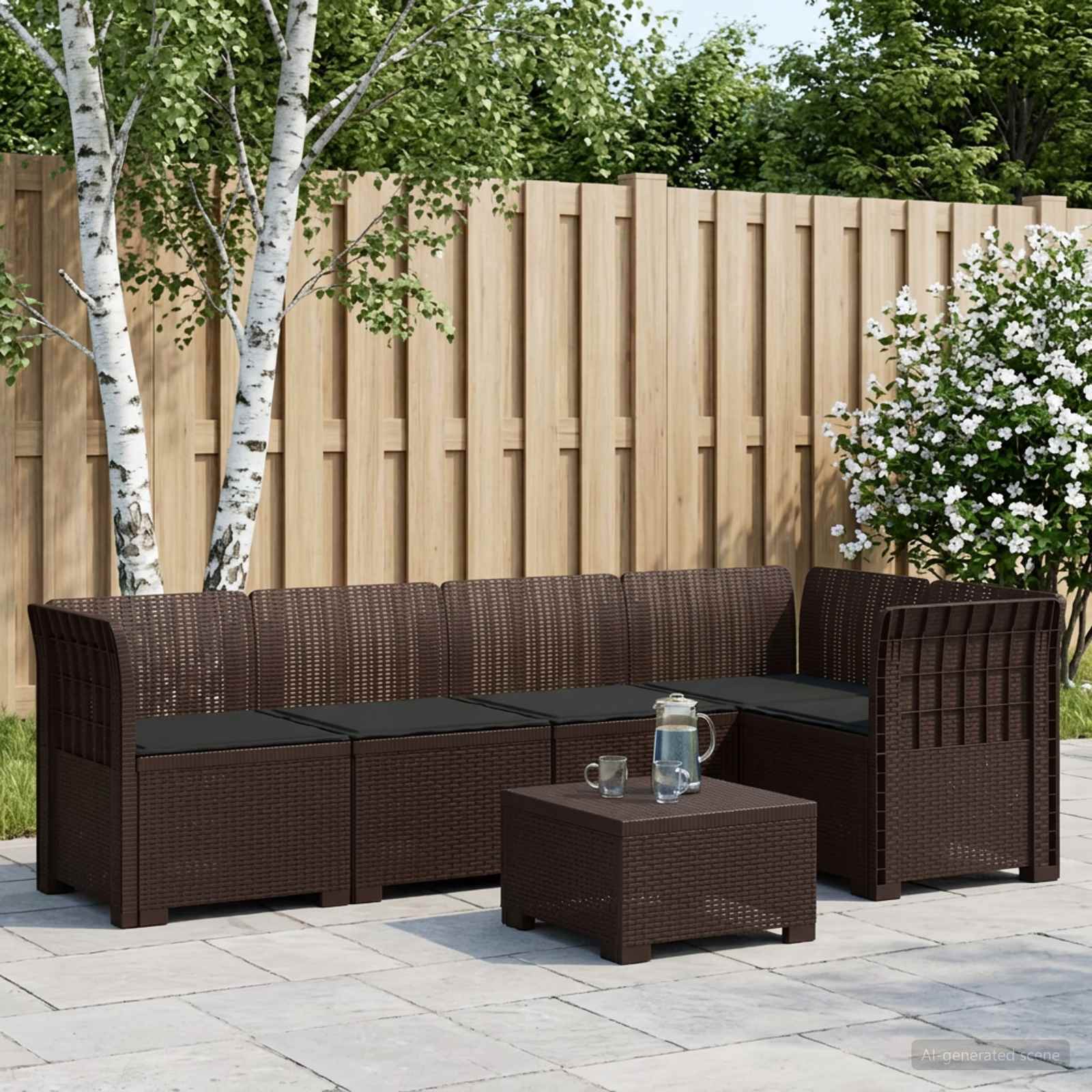 5-Zits Tuin Sofa met Kussens Rattan Look PP Bruin – afbeelding 1