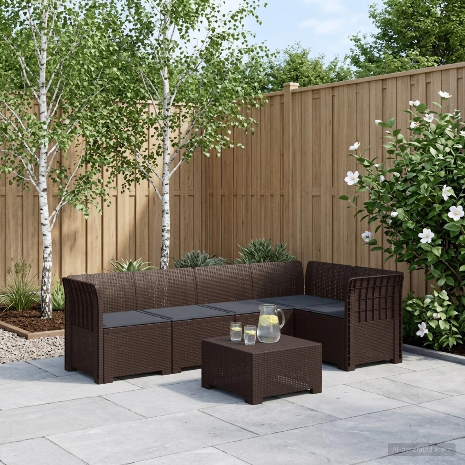 5-Zits Tuin Sofa met Kussens Rattan Look PP Bruin – afbeelding 1