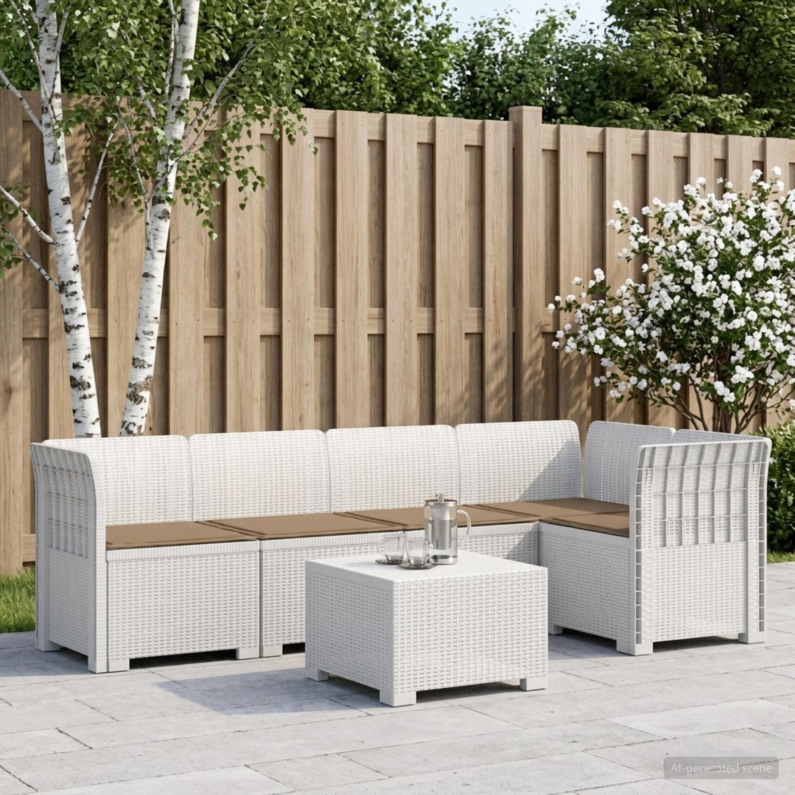 5-Zits Tuin Sofa met Kussens Rattan Look PP Wit – afbeelding 1