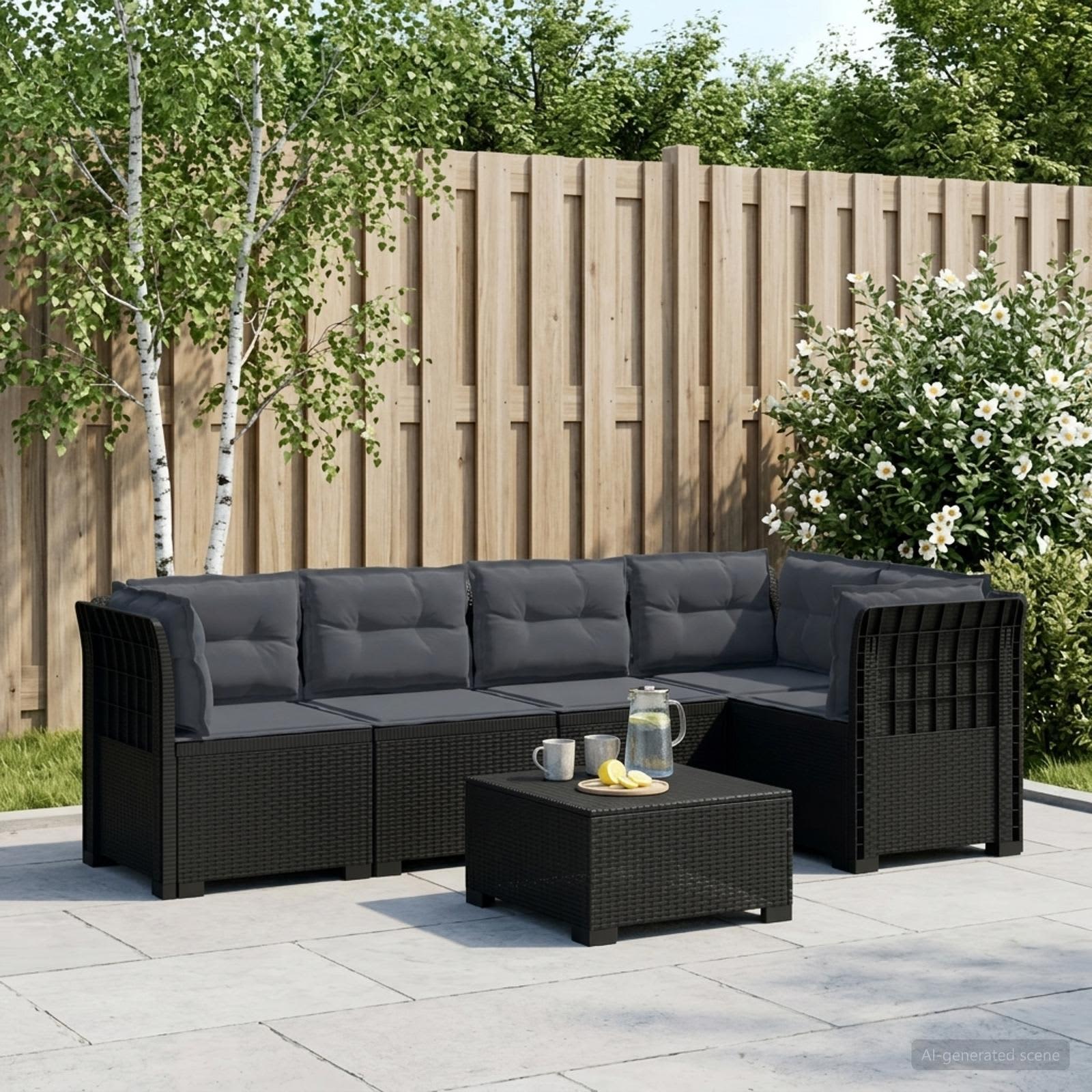 5-Zits Tuin Sofa met Kussens Rattan Look PP Antraciet – afbeelding 1