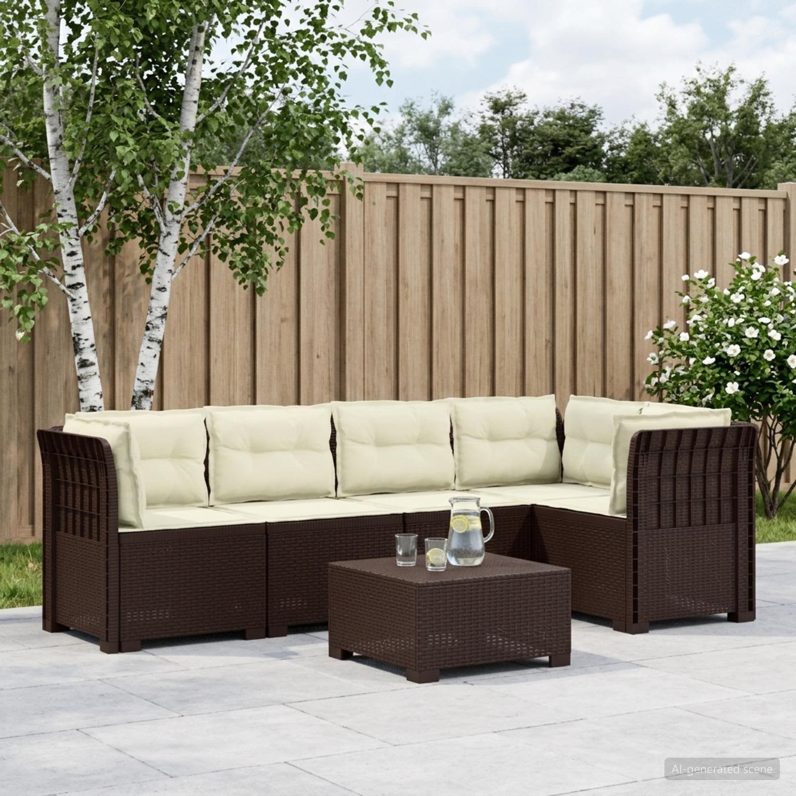 5-Zits Tuin Sofa met Kussens Rattan Look PP Bruin – afbeelding 1