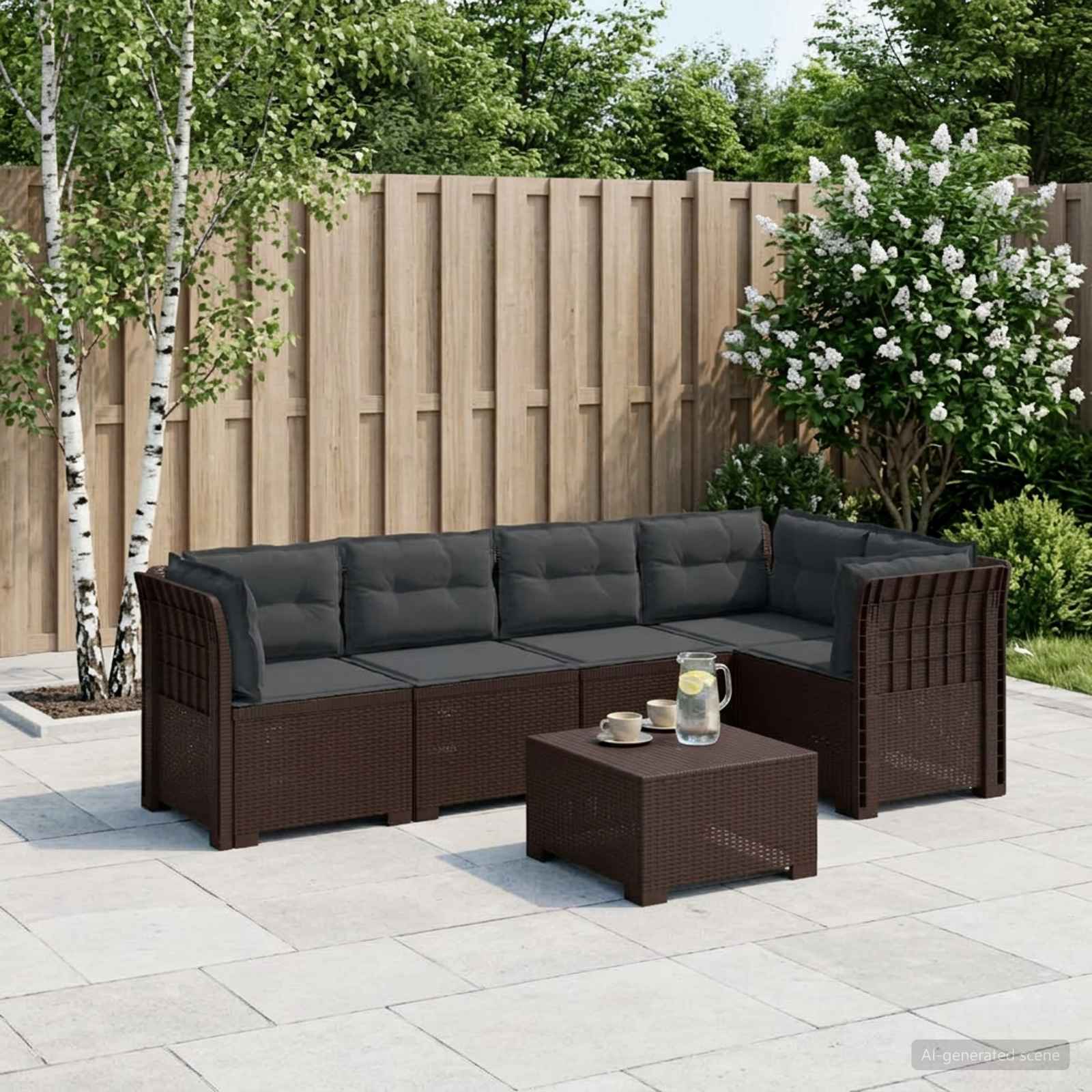 5-Zits Tuin Sofa met Kussens Rattan Look PP Bruin – afbeelding 1