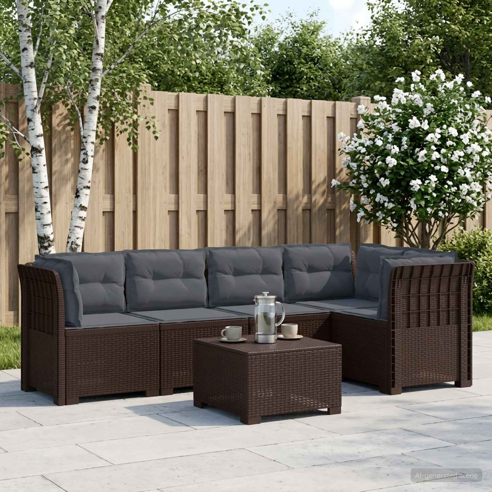 5-Zits Tuin Sofa met Kussens Rattan Look PP Bruin – afbeelding 1