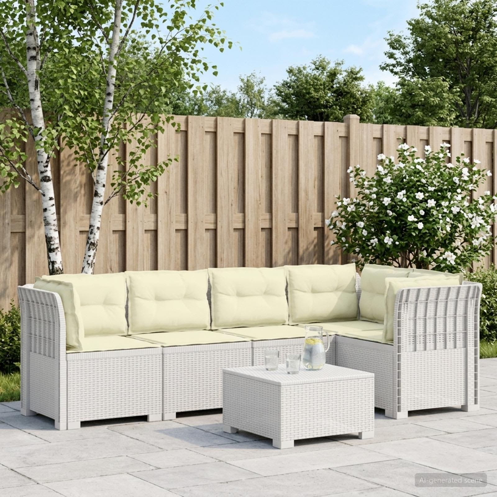 5-Zits Tuin Sofa met Kussens Rattan Look PP Wit – afbeelding 1