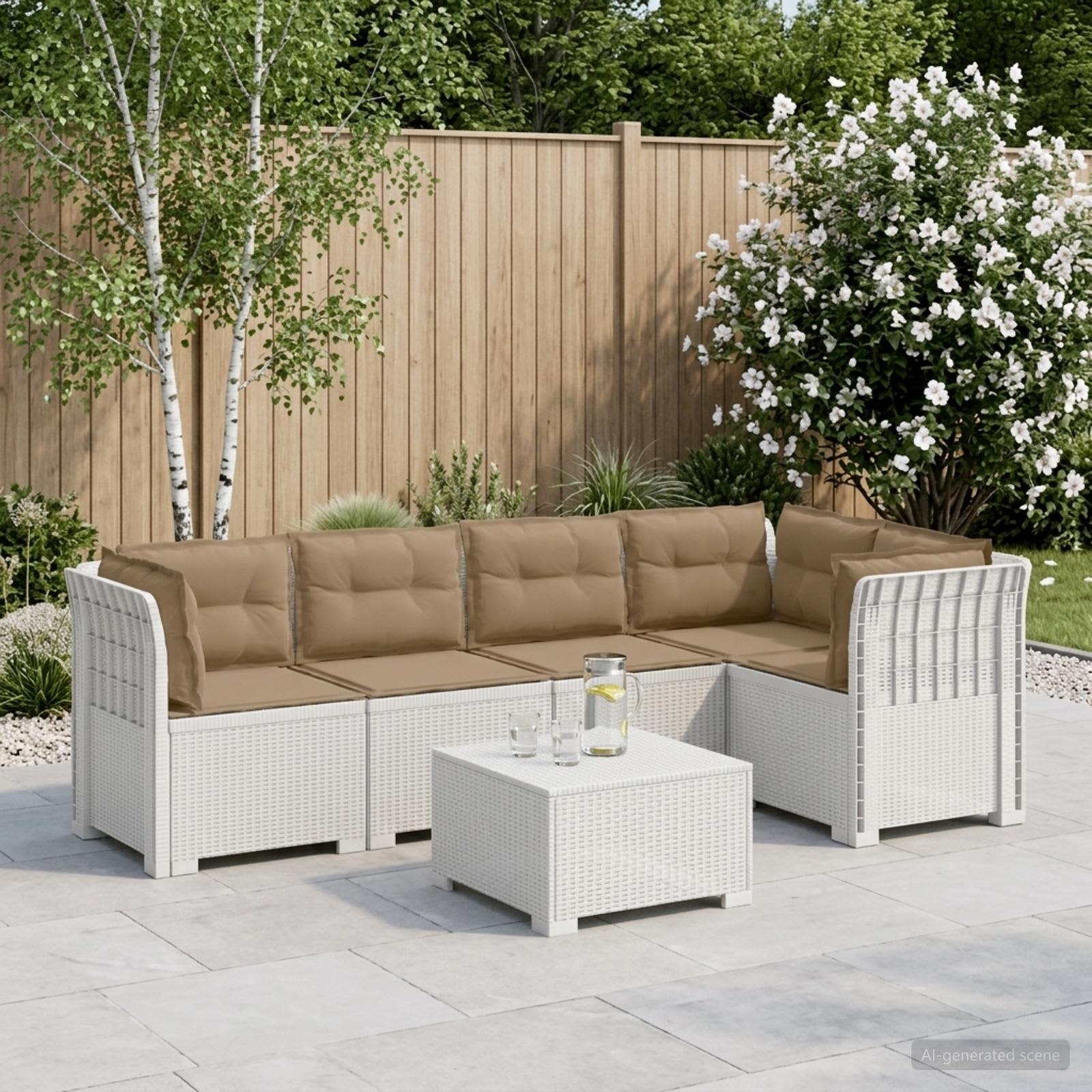 5-Zits Tuin Sofa met Kussens Rattan Look PP Wit – afbeelding 1