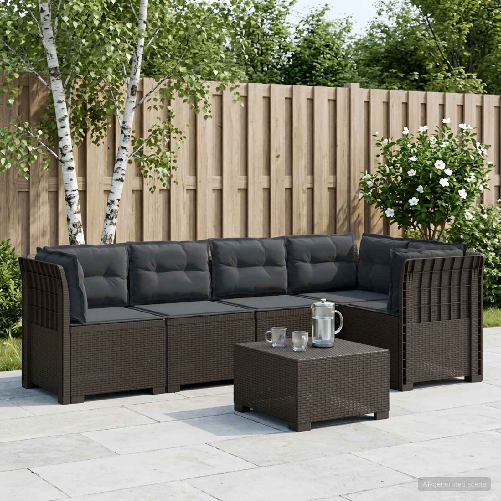 5-Zits Tuin Sofa met Kussens Rattan Look PP Lichtgrijs – afbeelding 1