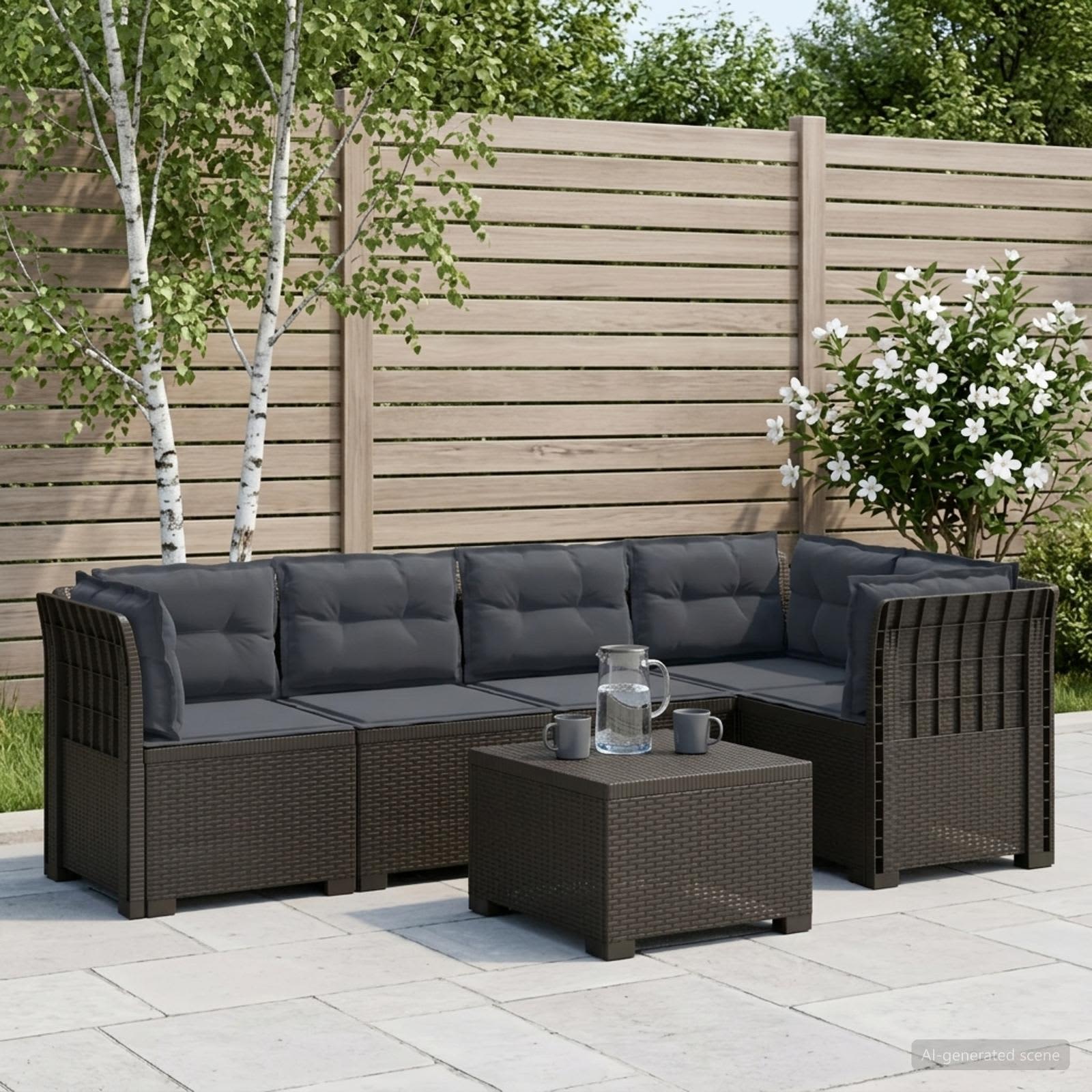 5-Zits Tuin Sofa met Kussens Rattan Look PP Lichtgrijs