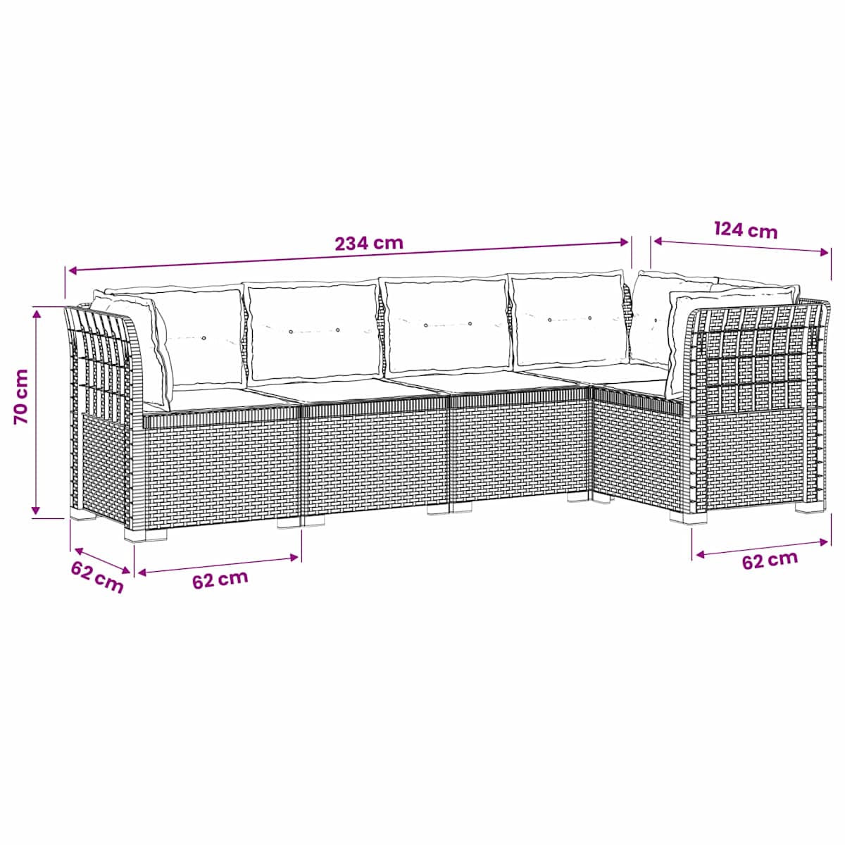 5-personers Havemøbel Sofa med Hynder Rattan Look PP - Billede 9