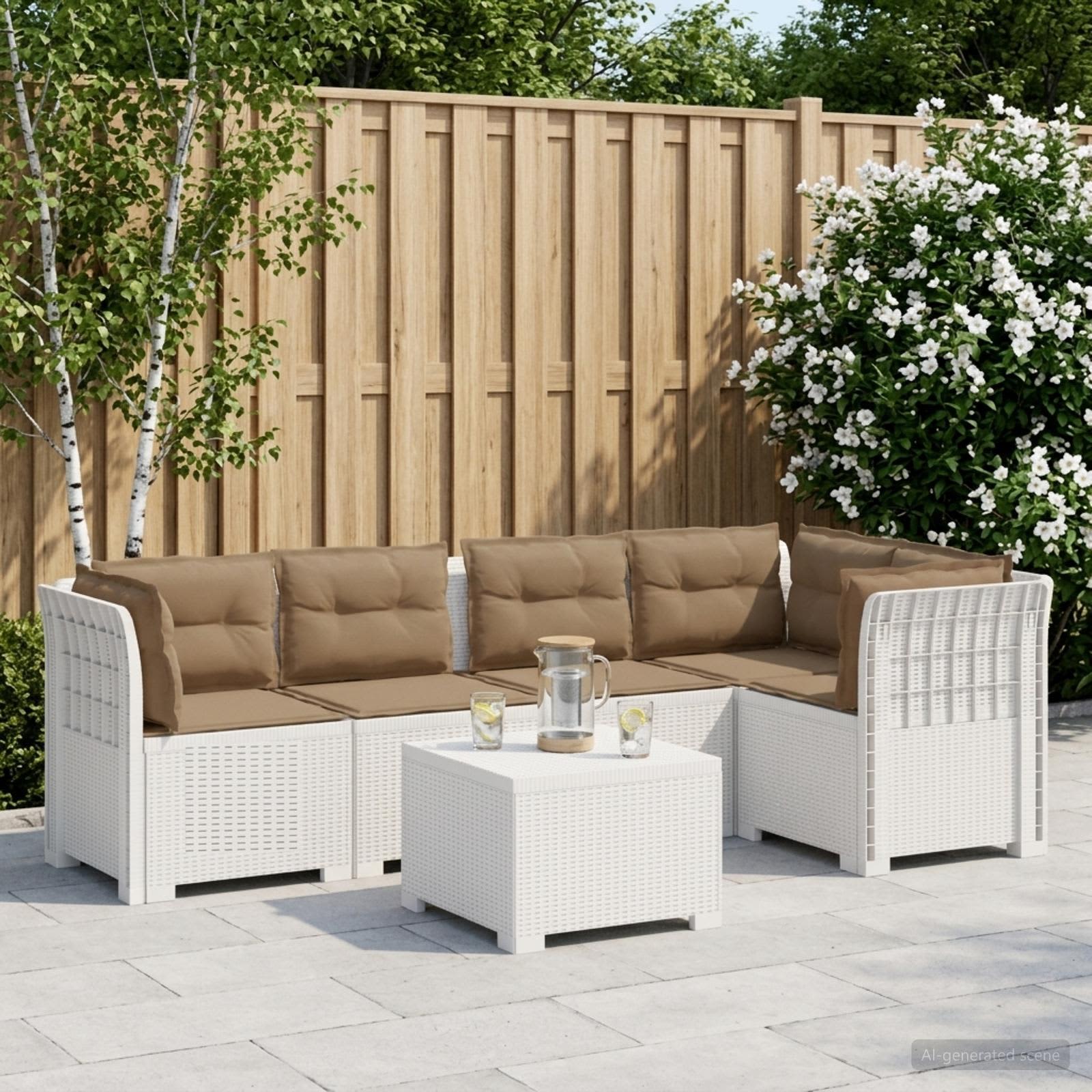 5-Zits Tuin Sofa met Kussens Rattan Look PP Wit – afbeelding 1