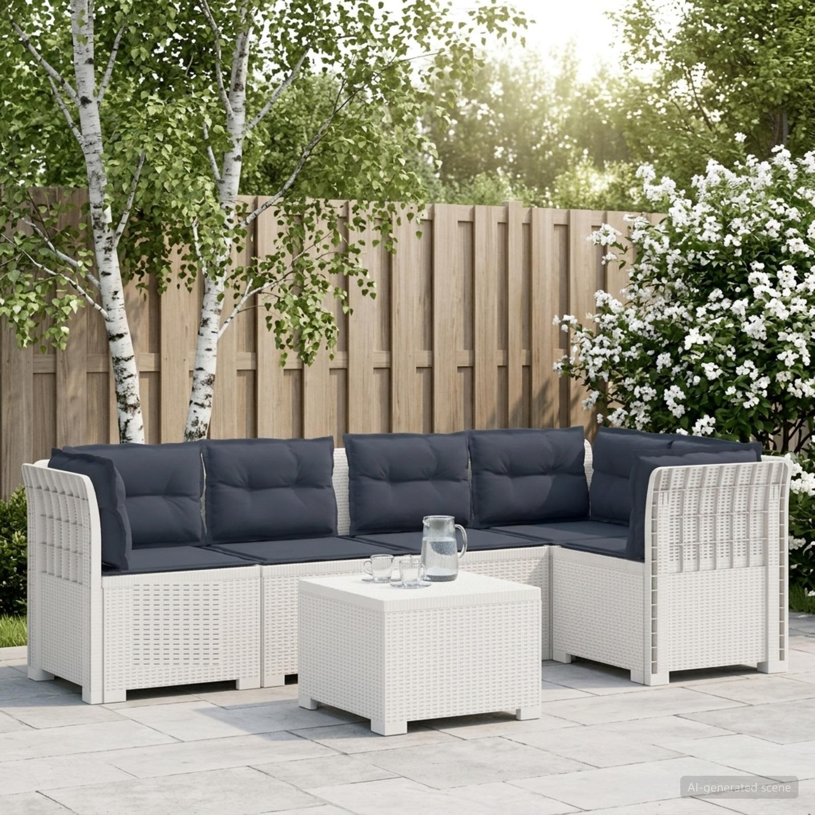 5-Zits Tuin Sofa met Kussens Rattan Look PP Wit – afbeelding 1