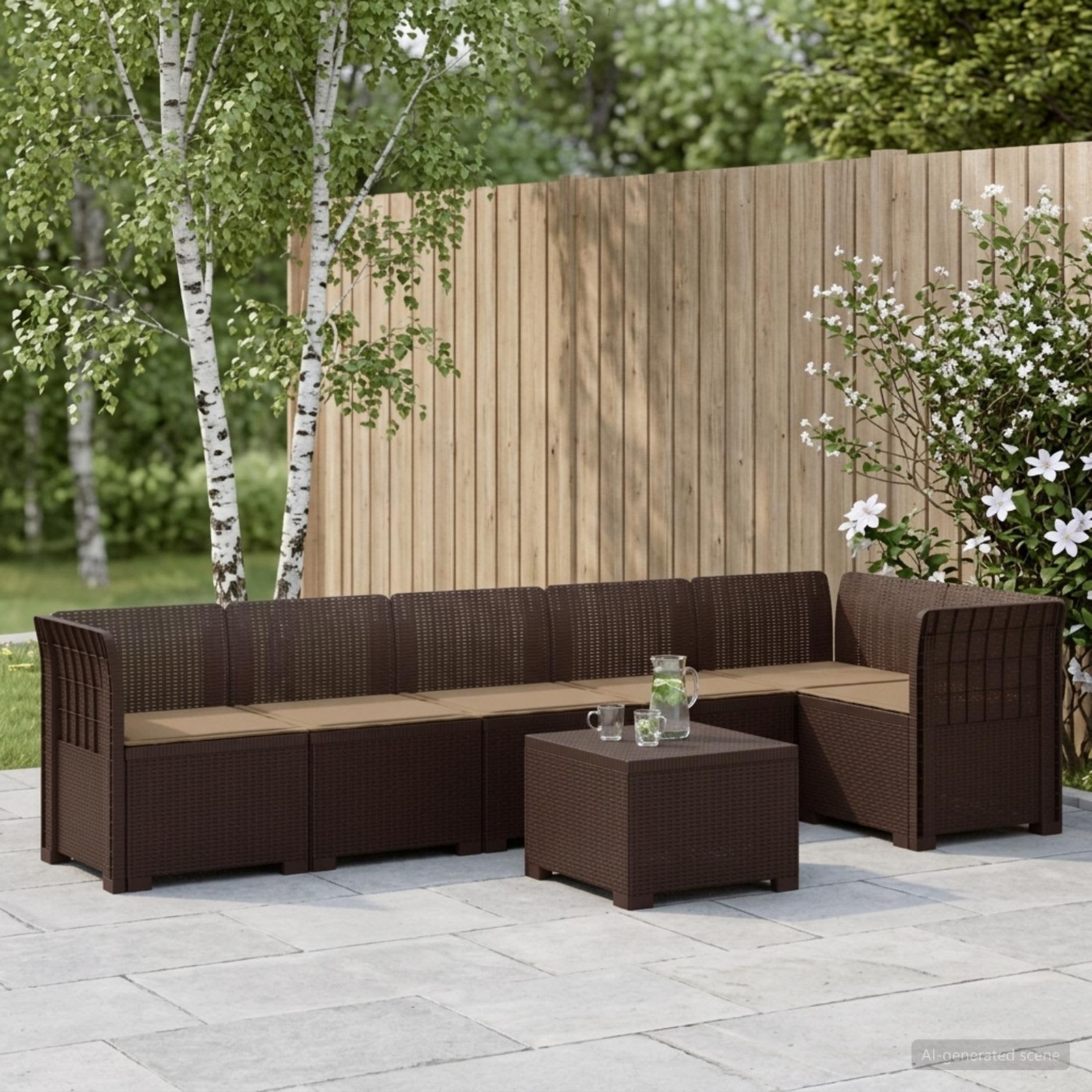 6-Zits Tuin Sofa met Kussens Rattan Look PP Bruin – afbeelding 1