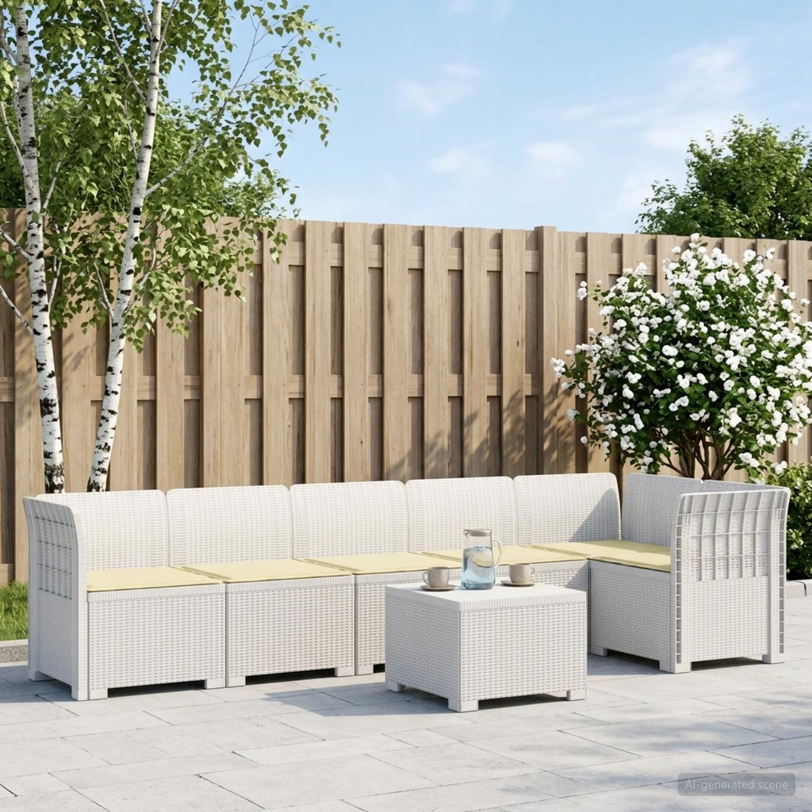 6-Zits Tuin Sofa met Kussens Rattan Look PP Wit – afbeelding 1