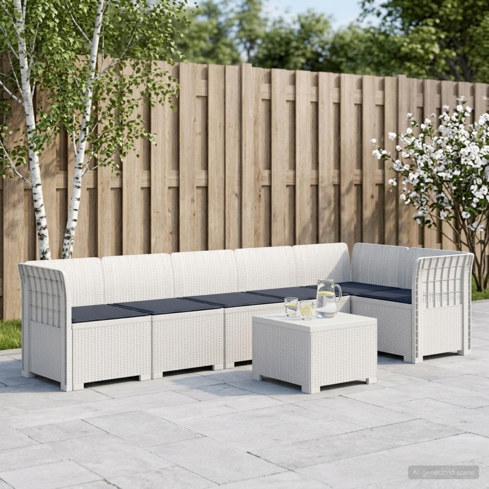 6-Zits Tuin Sofa met Kussens Rattan Look PP Wit – afbeelding 1