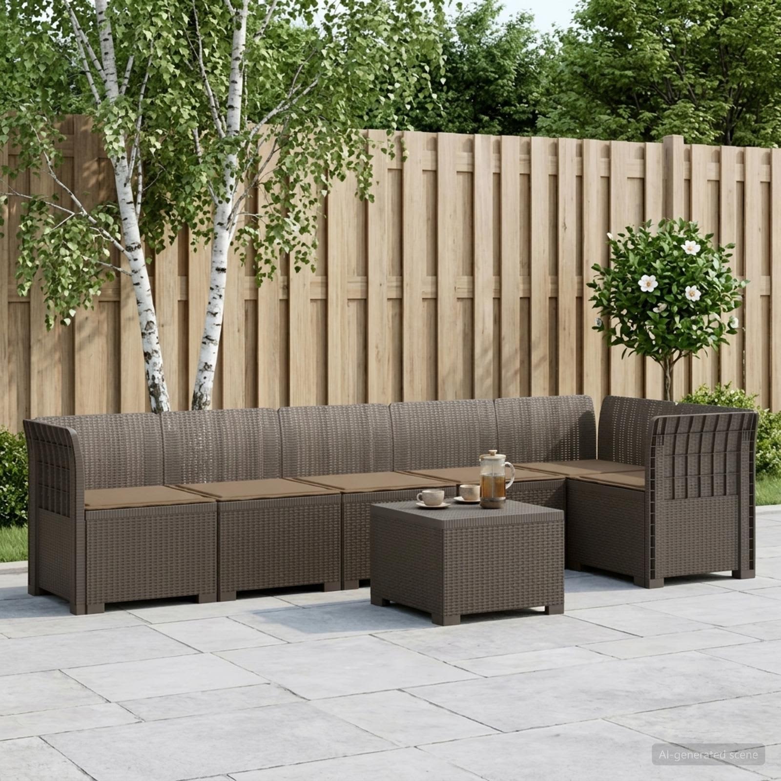 6-Zits Tuin Sofa met Kussens Rattan Look PP Lichtgrijs – afbeelding 1