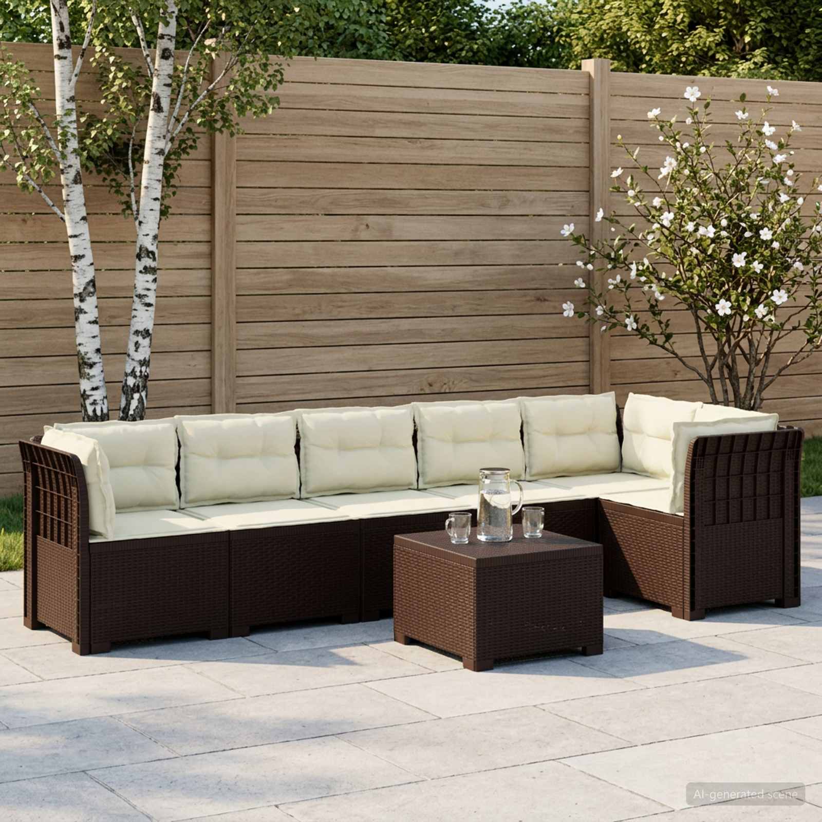 vidaXL 6-personers Have Sofa med Puder Rattan Look PP Brun