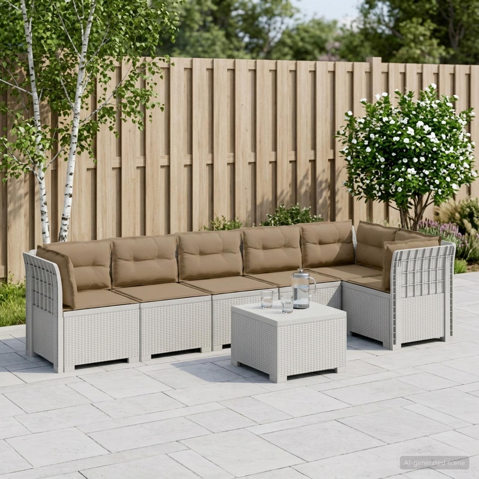 6-Zits Tuin Sofa met Kussens Rattan Look PP Wit – afbeelding 1