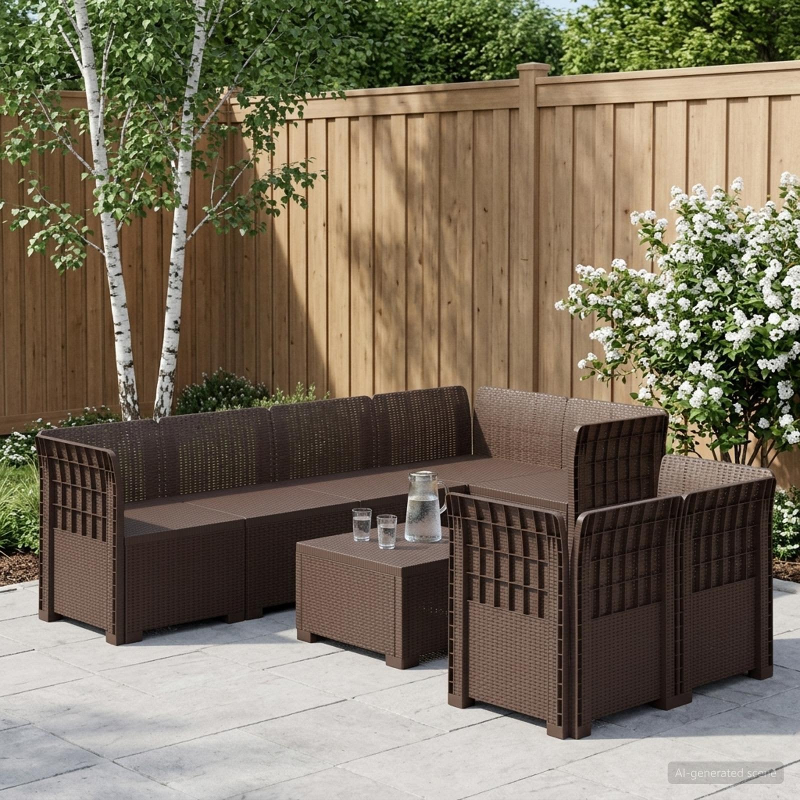 7-Persoons Tuinbank Rieten Look PP Bruin – afbeelding 1