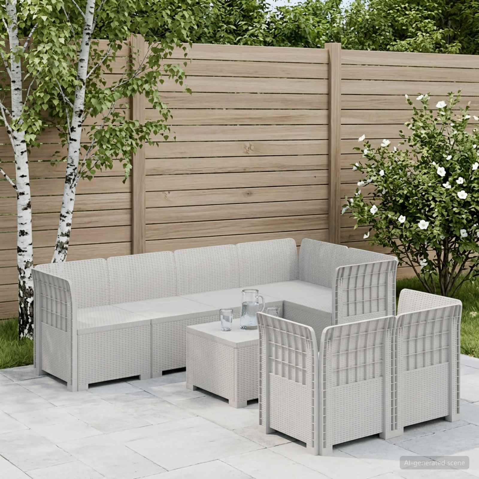 7-Persoons Tuinbank Rieten Look PP Wit – afbeelding 1