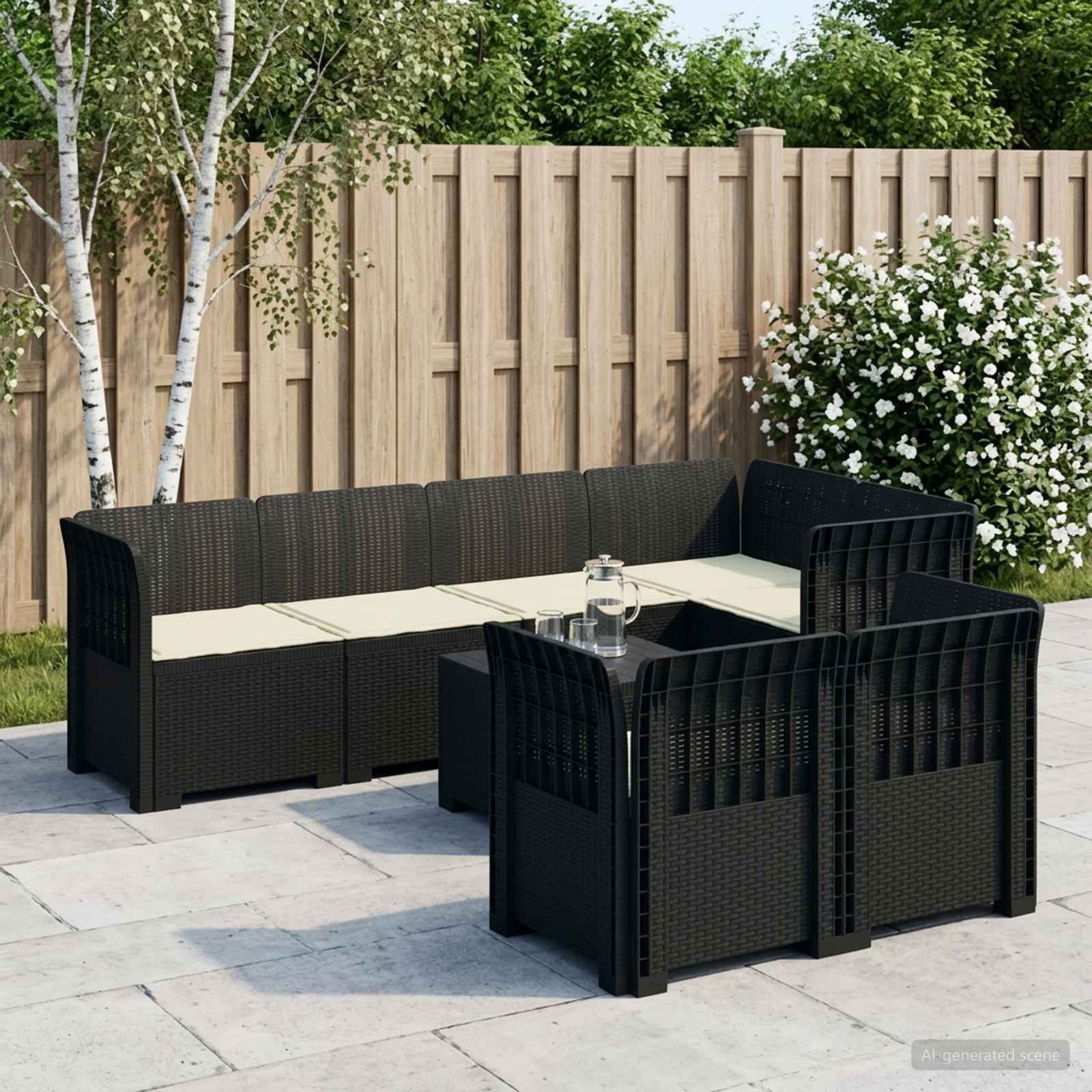 7-Persoons Tuinbank met Kussens Rieten Look PP Antraciet – afbeelding 1