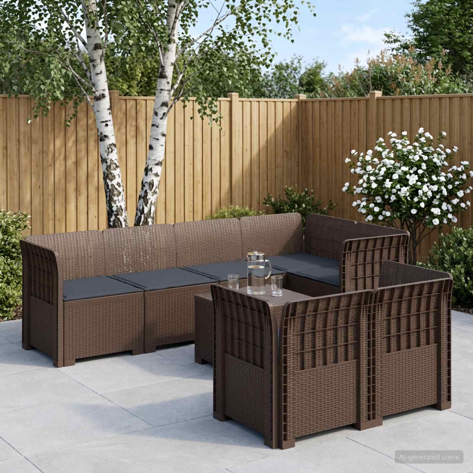 7-Persoons Tuinbank met Kussens Rieten Look PP Bruin – afbeelding 1