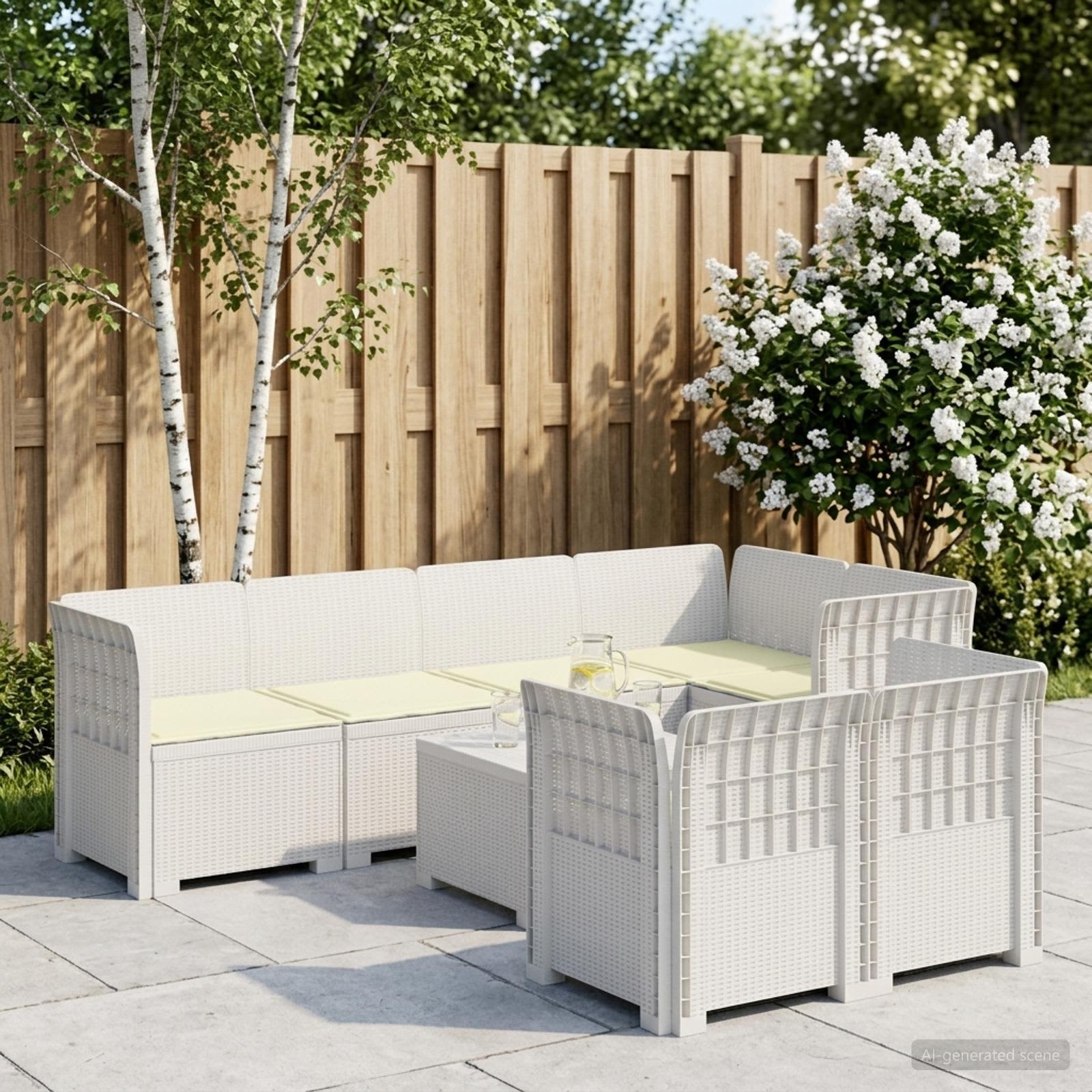 7-Persoons Tuinbank met Kussens Rieten Look PP Wit – afbeelding 1