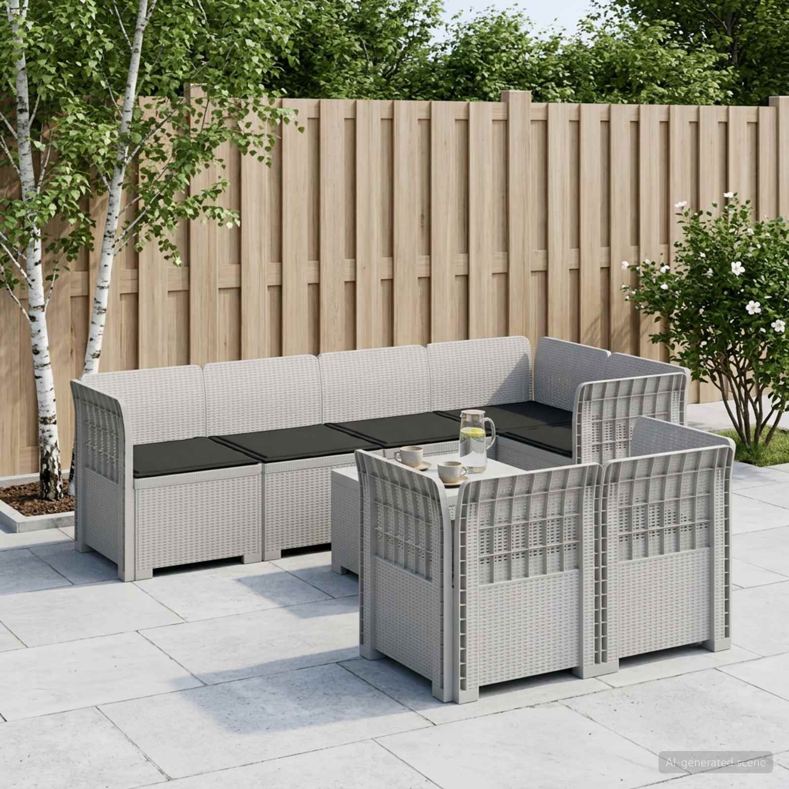 7-Persoons Tuinbank met Kussens Rieten Look PP Wit – afbeelding 1