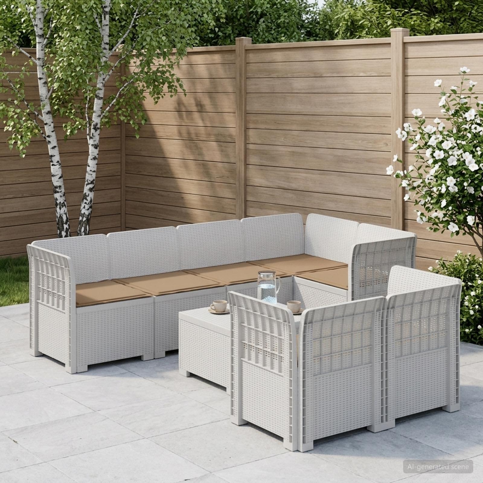 7-Persoons Tuinbank met Kussens Rieten Look PP Wit – afbeelding 1