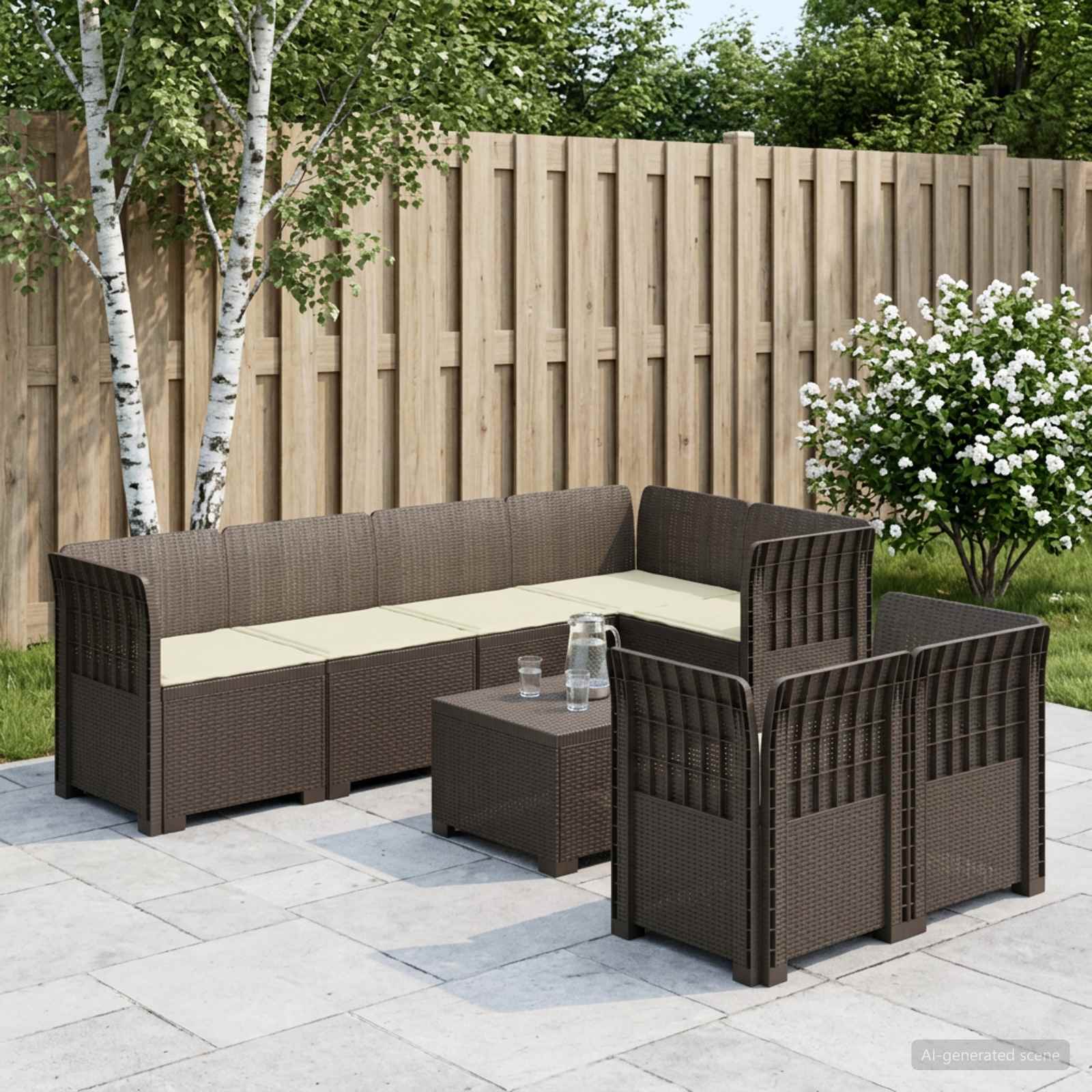7-Persoons Tuinbank met Kussens Rieten Look PP Lichtgrijs – afbeelding 1