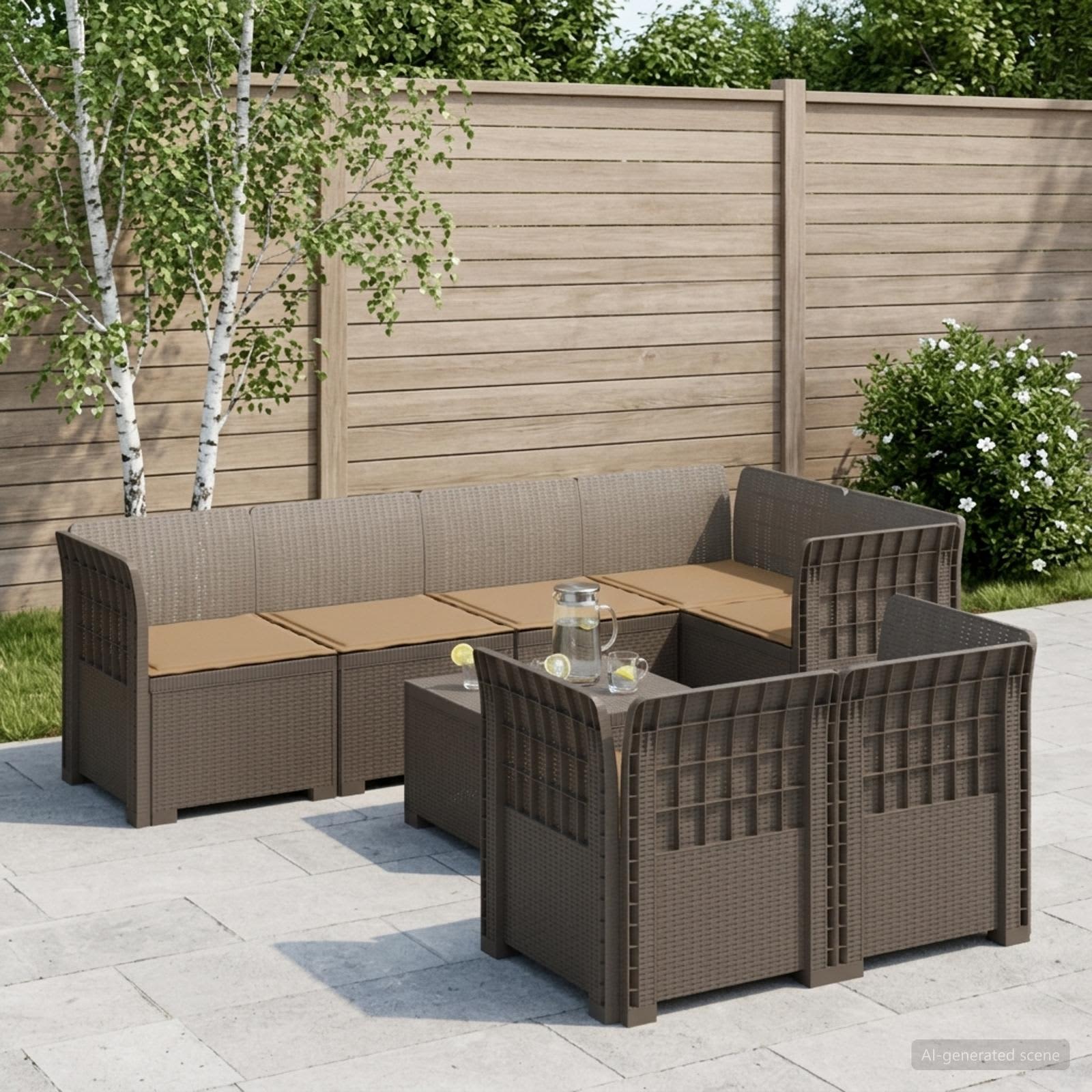 7-Persoons Tuinbank met Kussens Rieten Look PP Lichtgrijs – afbeelding 1