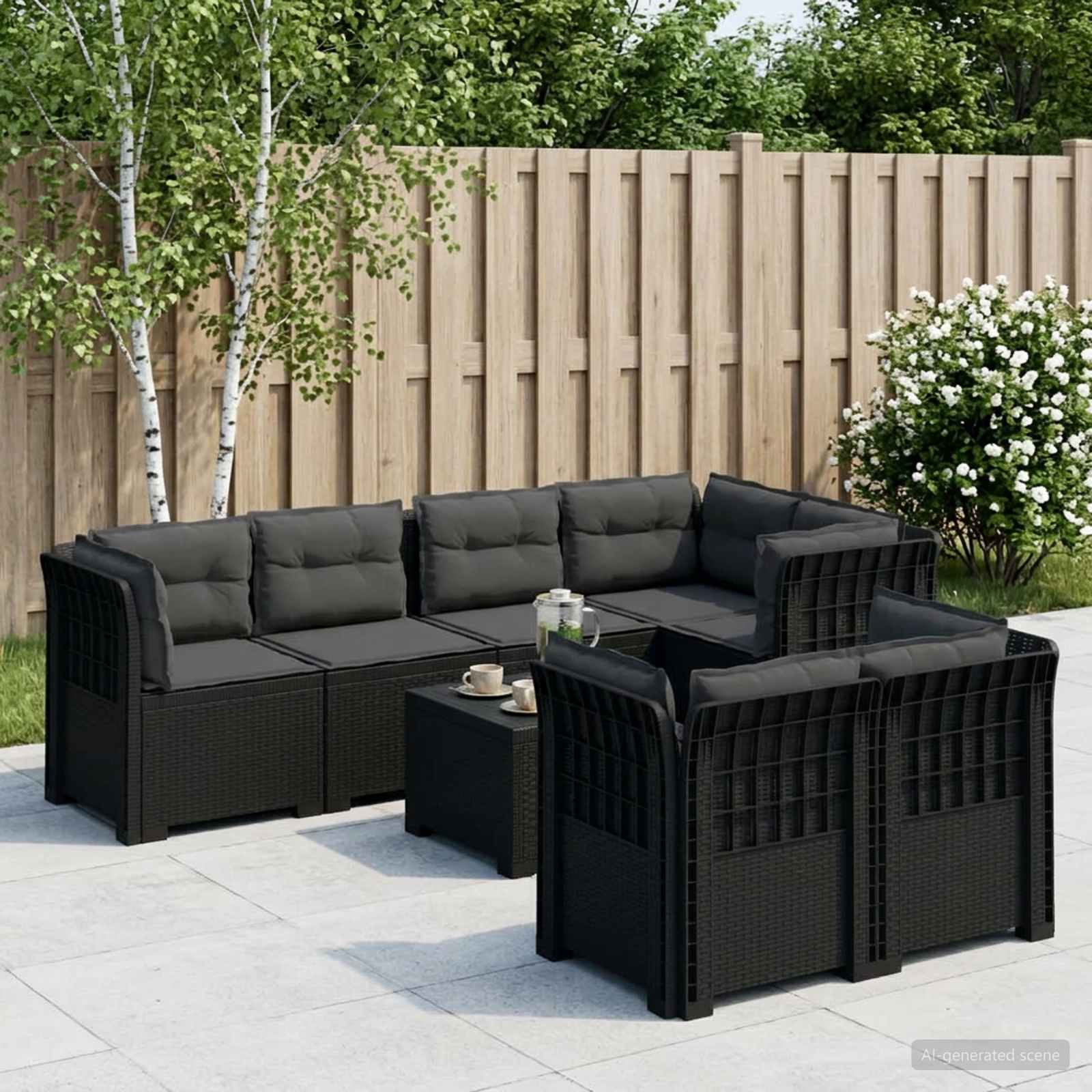 7-Persoons Tuinbank met Kussens Rieten Look PP Antraciet – afbeelding 1
