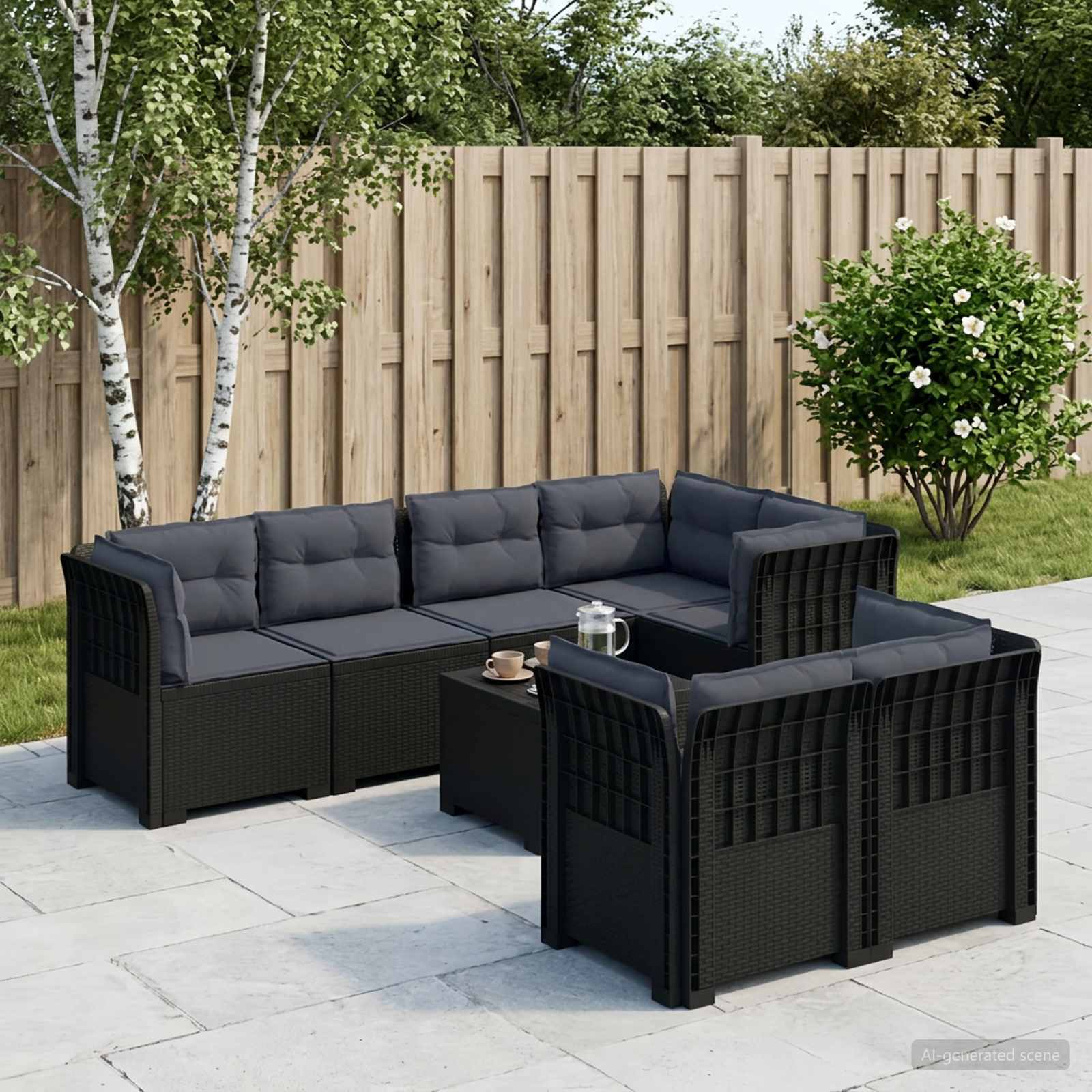7-Persoons Tuinbank met Kussens Rieten Look PP Antraciet – afbeelding 1