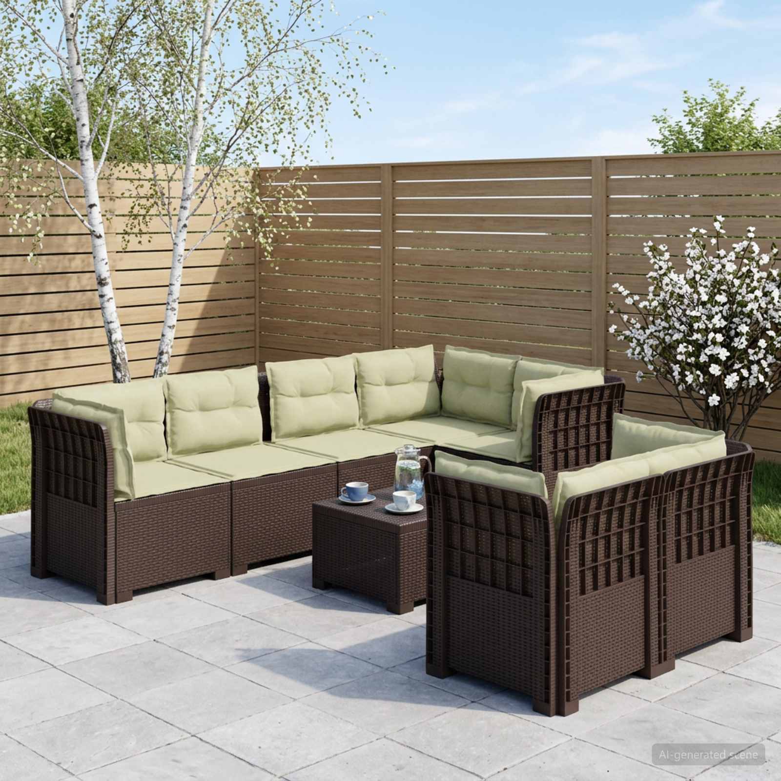7-Persoons Tuinbank met Kussens Rieten Look PP Bruin – afbeelding 1