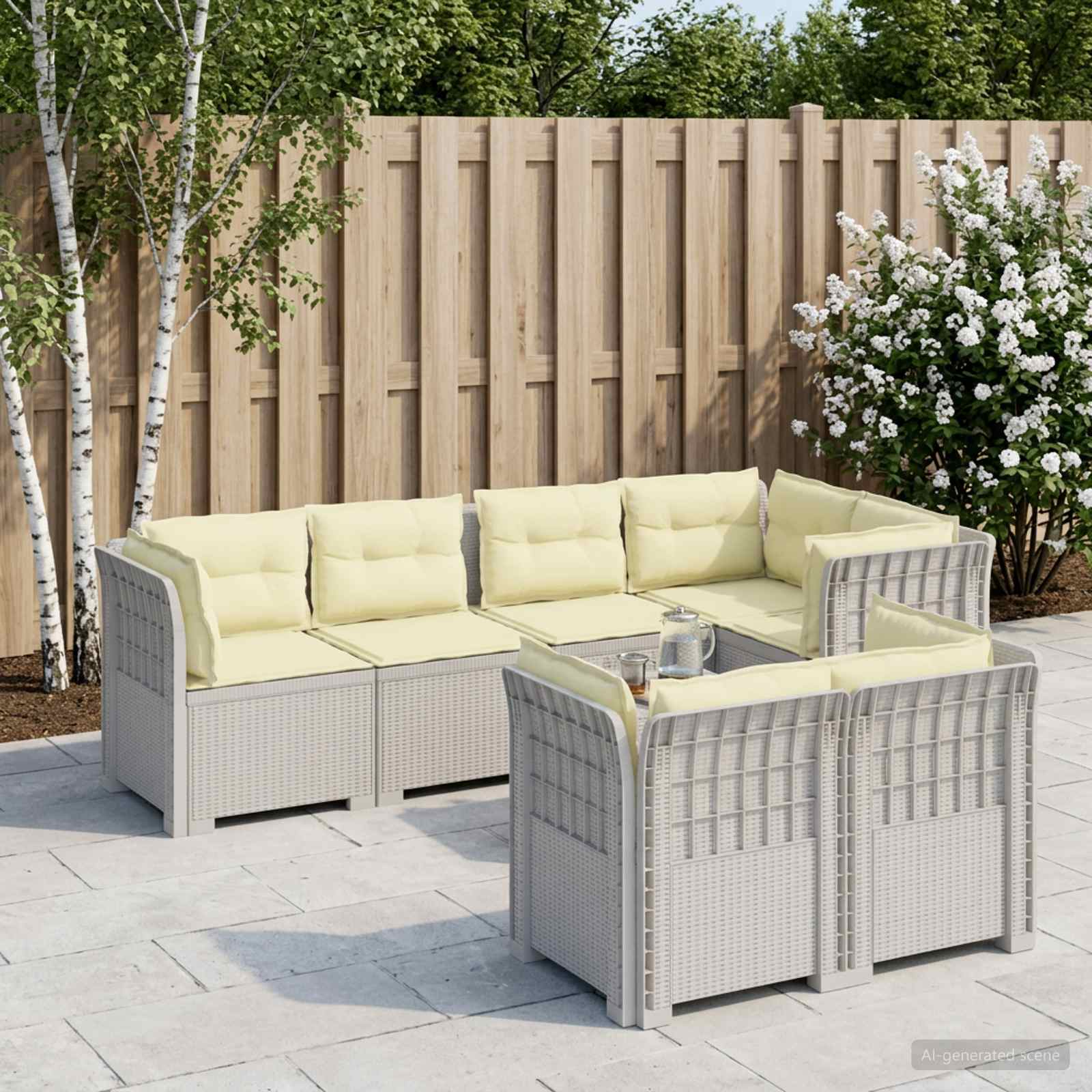 7-Persoons Tuinbank met Kussens Rieten Look PP Wit – afbeelding 1