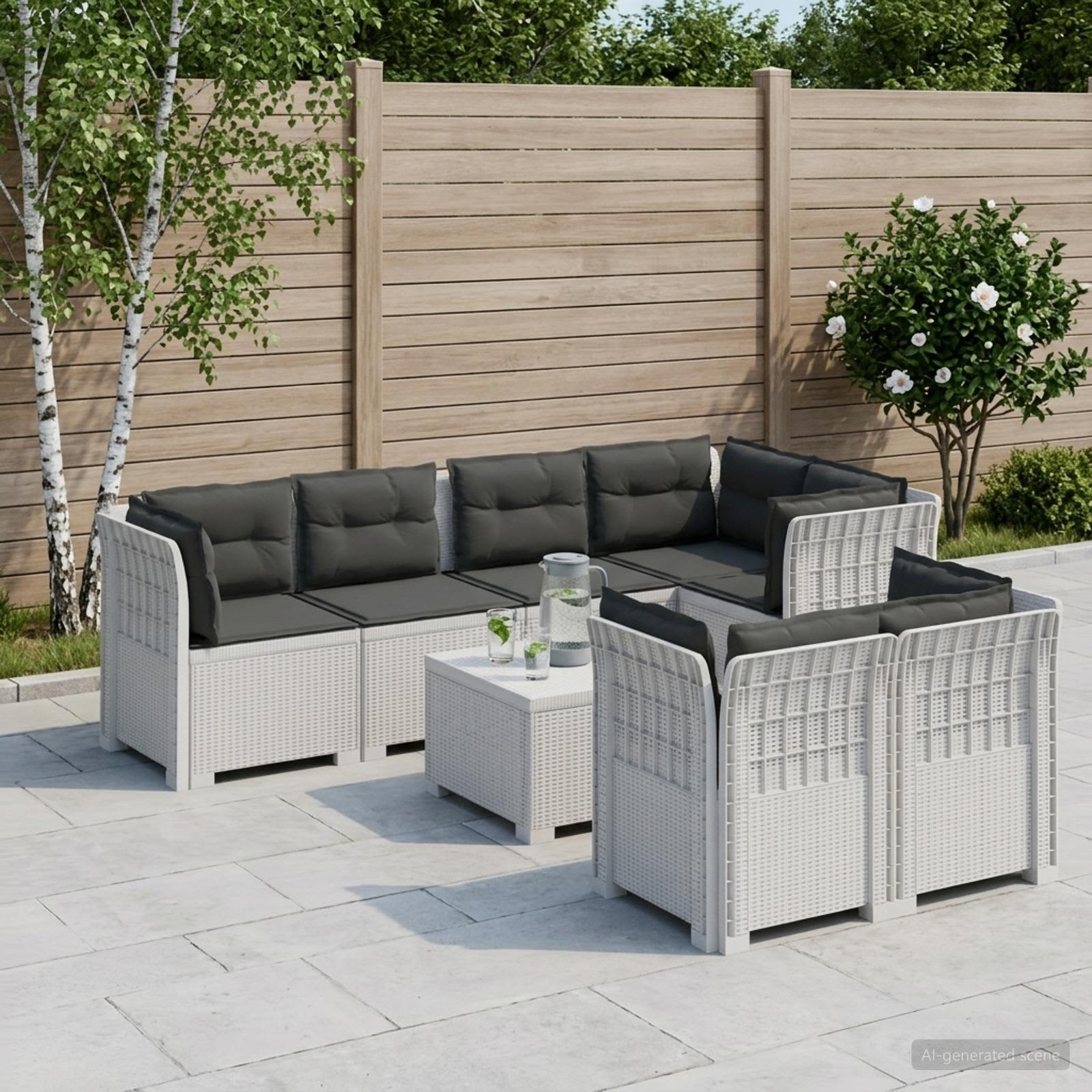 7-Persoons Tuinbank met Kussens Rieten Look PP Wit – afbeelding 1