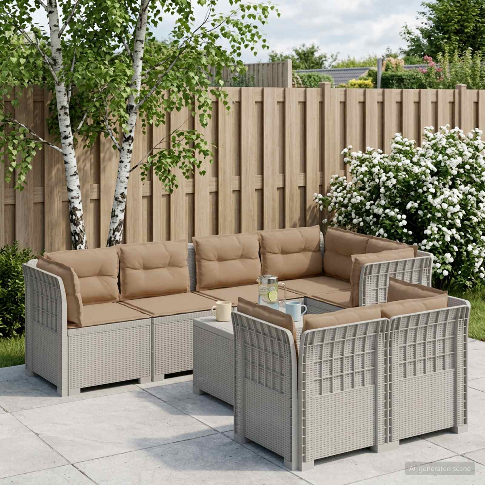7-Persoons Tuinbank met Kussens Rieten Look PP Wit – afbeelding 1