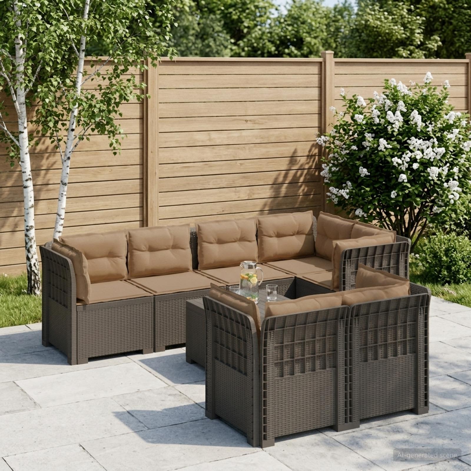 7-Persoons Tuinbank met Kussens Rieten Look PP Lichtgrijs – afbeelding 1
