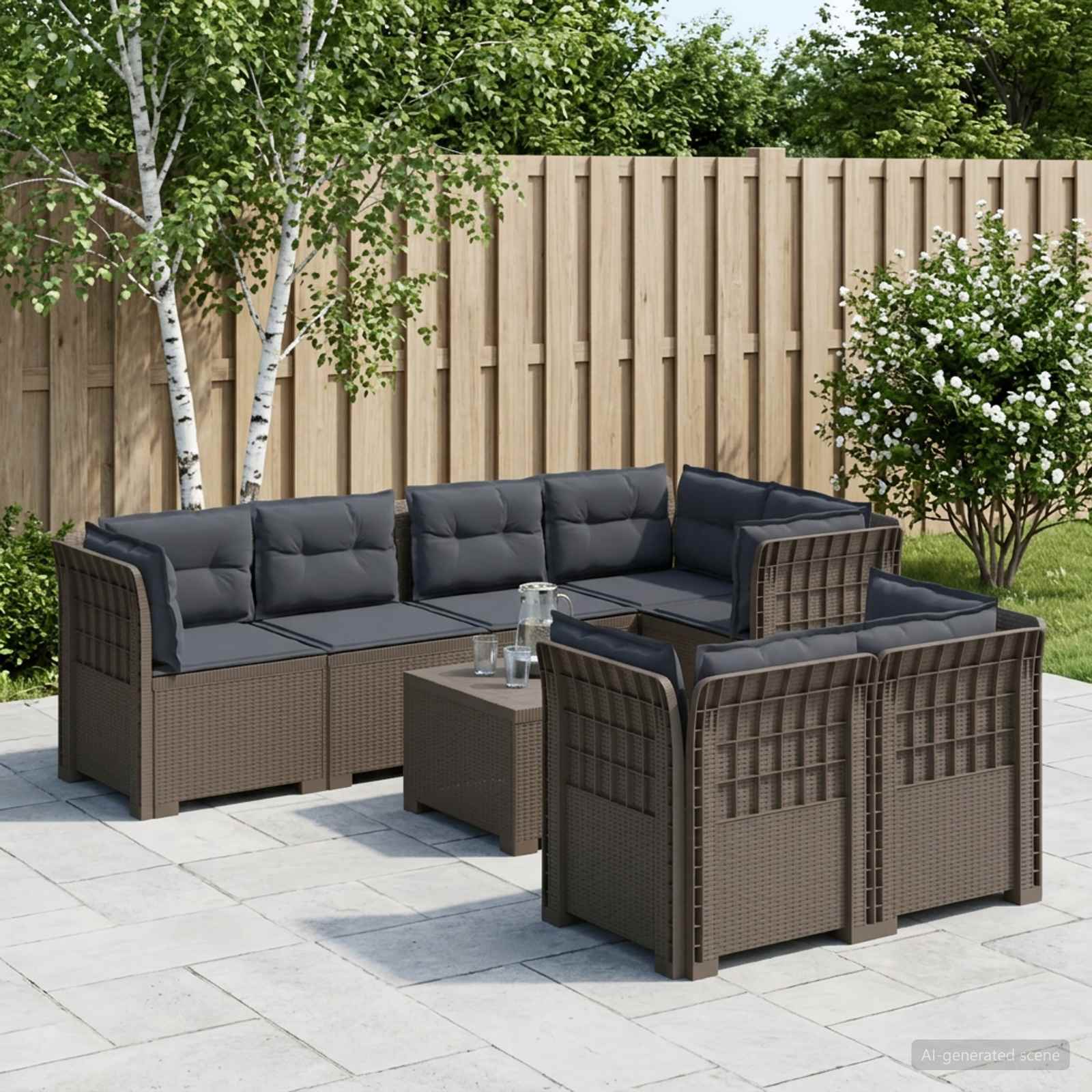 7-Persoons Tuinbank met Kussens Rieten Look PP Lichtgrijs – afbeelding 1