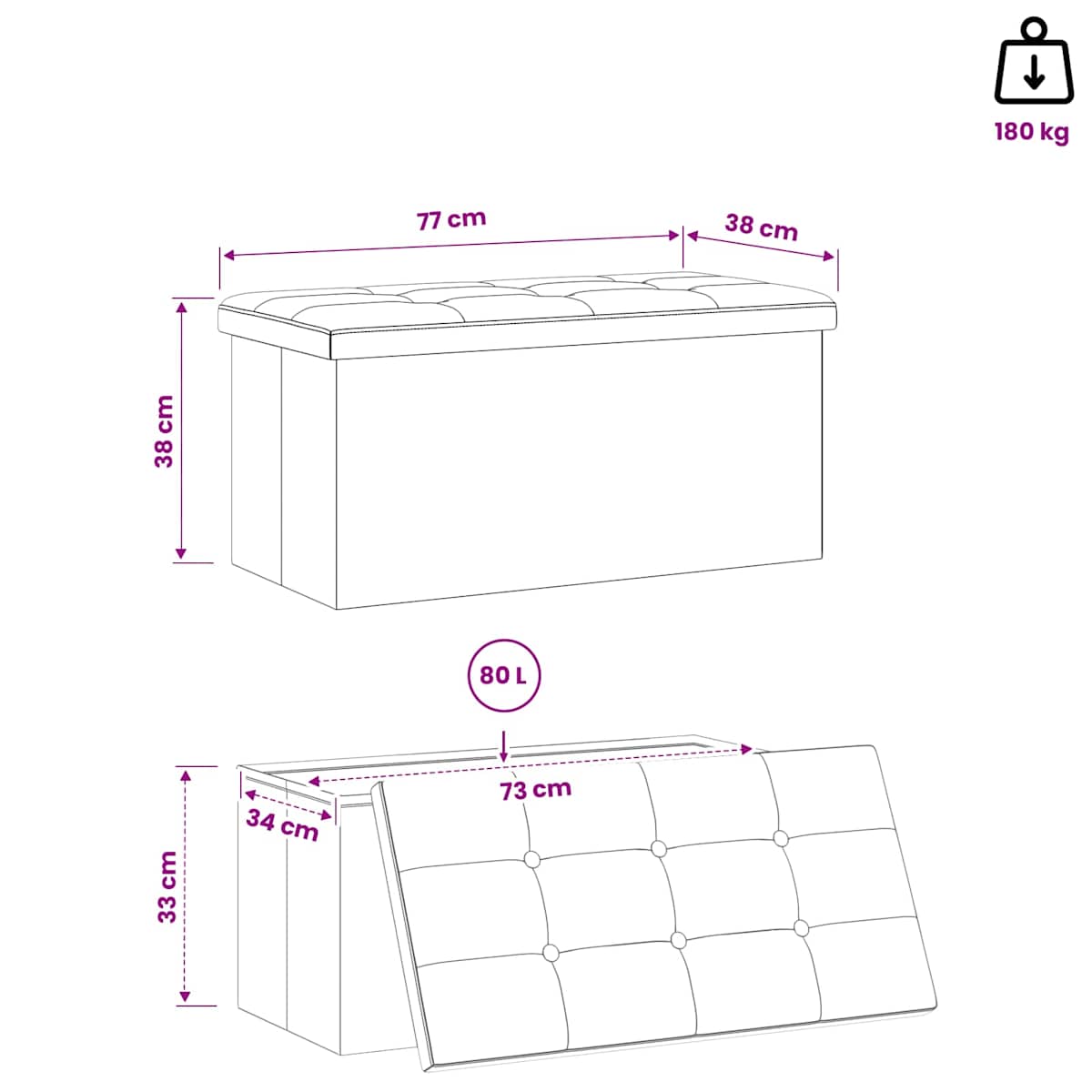 Foldbar opbevaringsbænk 180 kg 80 L Linned - Billede 11