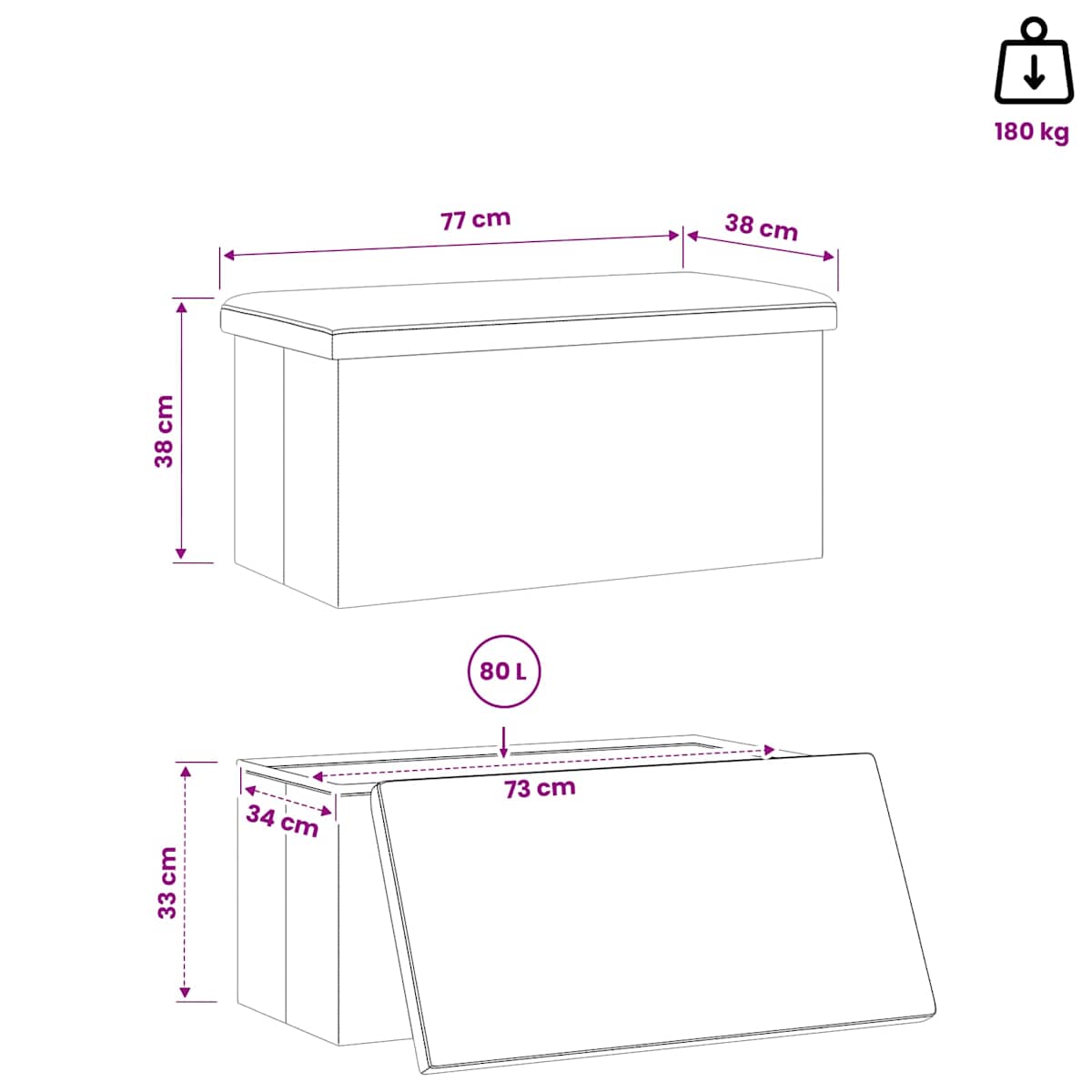 Foldbar opbevaringsbænk 180 kg 80 L PVC - Billede 11