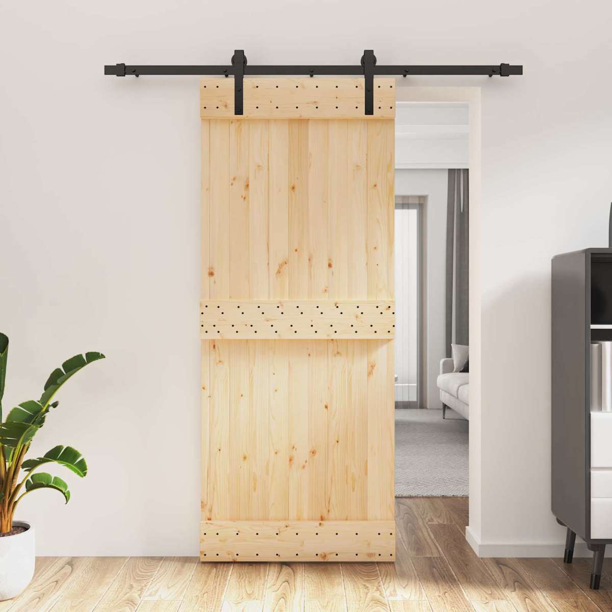 Skydedør Naturfarvet og sort 85 x 210 cm Massivt Fyrretræ