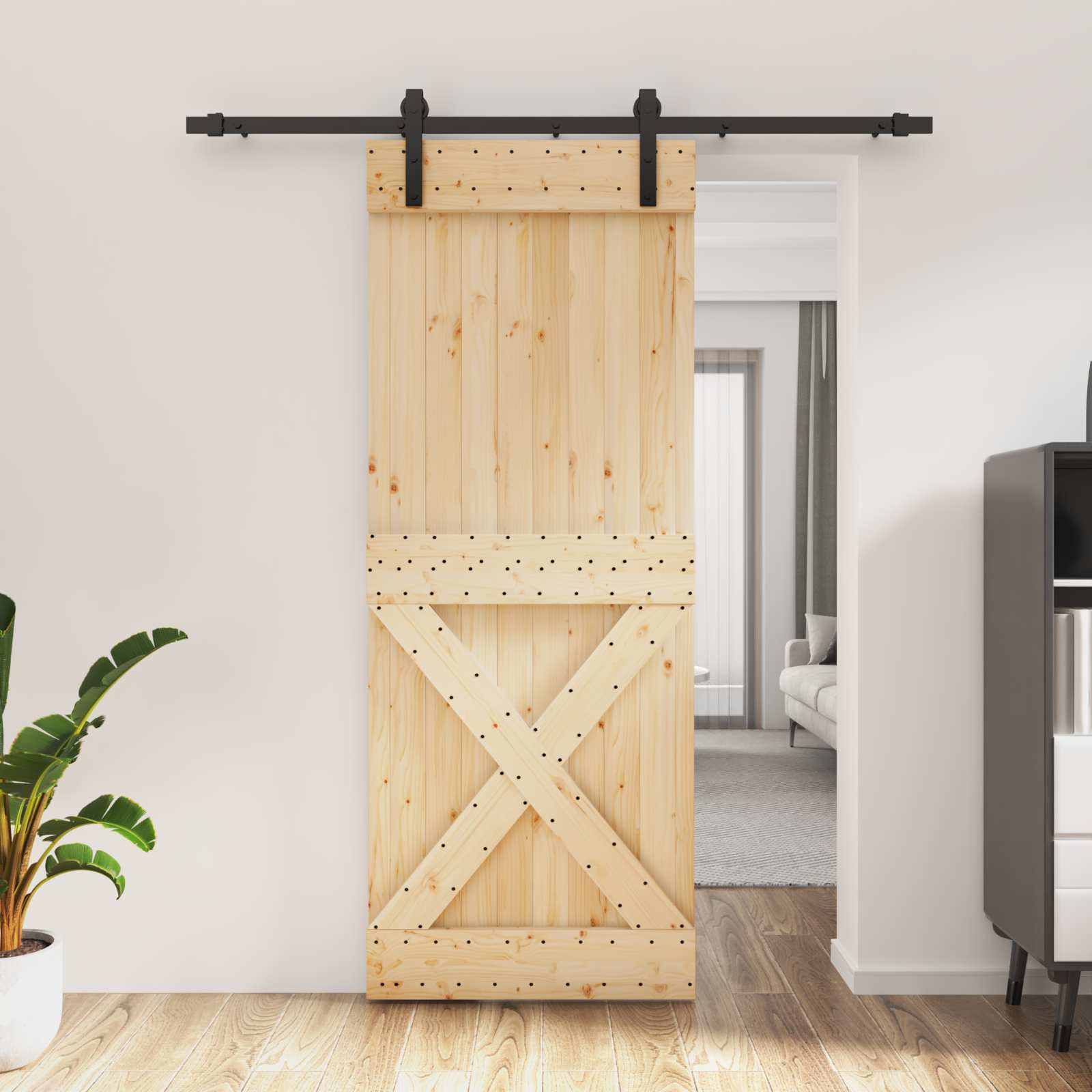 Schuifdeur Naturel en Zwart 80 x 210 cm Massief Grenenhout image 1