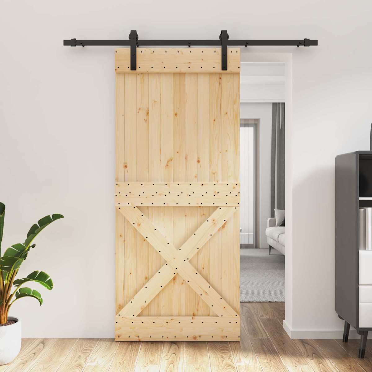 Skydedør Naturfarvet og sort 90 x 210 cm Massivt Fyrretræ