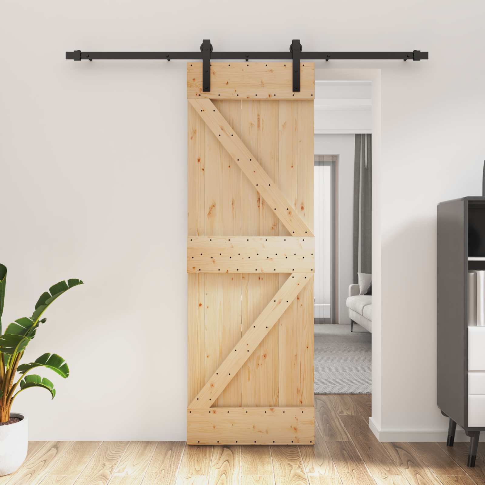 Schuifdeur Naturel en Zwart 70 x 210 cm Massief Grenenhout image 1