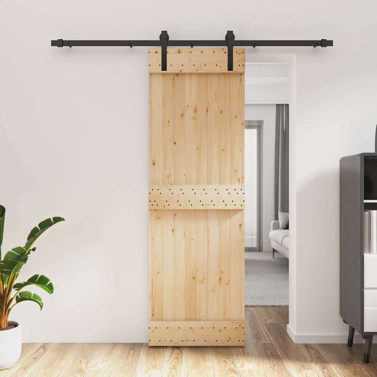 Skydedør Naturfarvet og sort 70 x 210 cm Massivt Fyrretræ