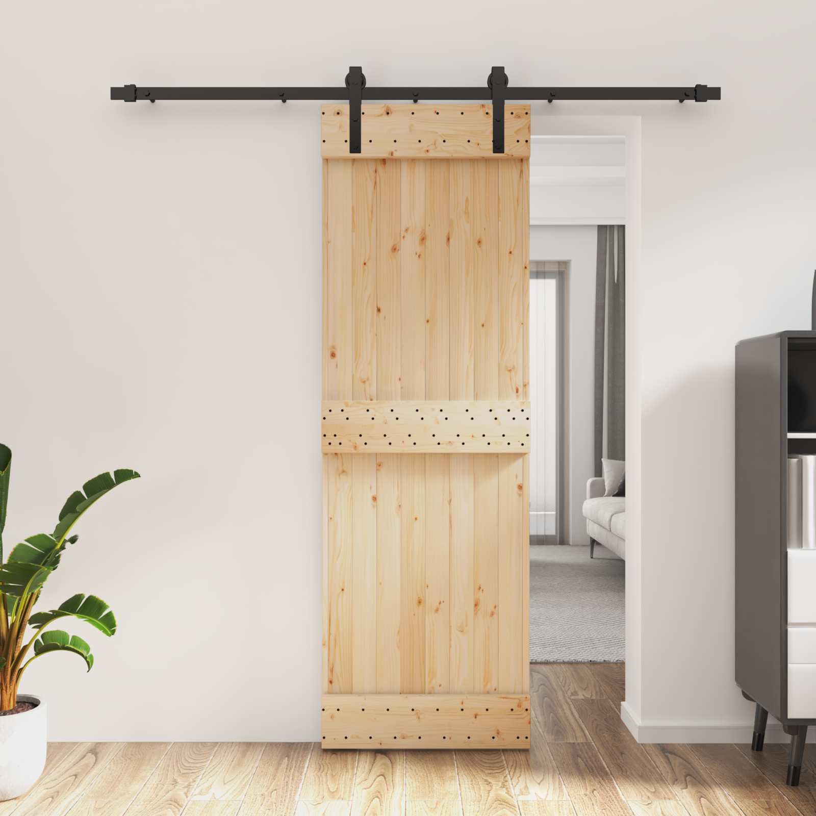 Schuifdeur Naturel en Zwart 70 x 210 cm Massief Grenenhout image 1